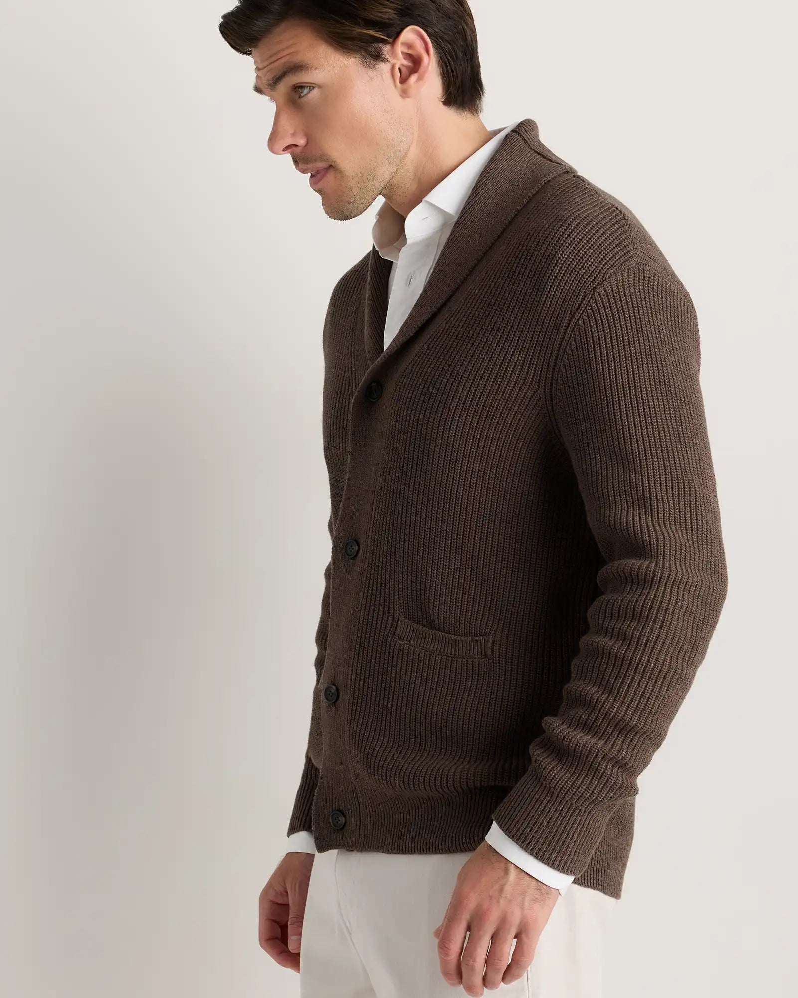 100% Organic Cotton Ribbed Shawl-Collar Cardigan Sweater