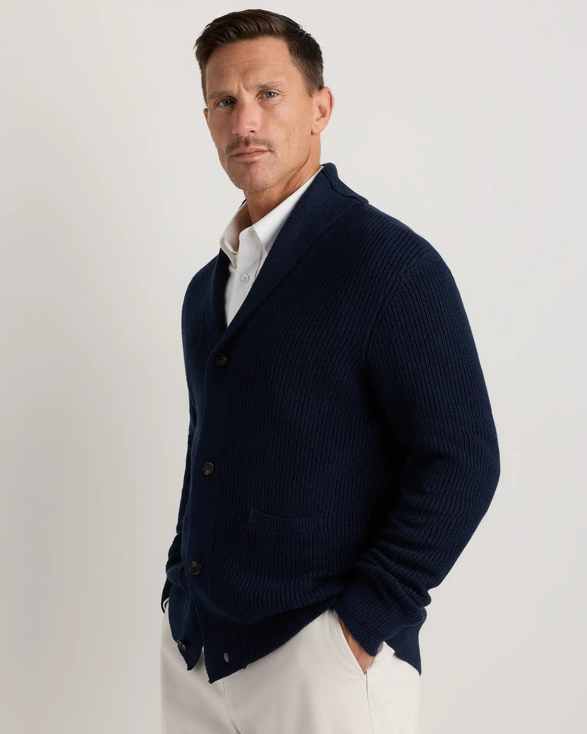 100% Organic Cotton Ribbed Shawl-Collar Cardigan Sweater