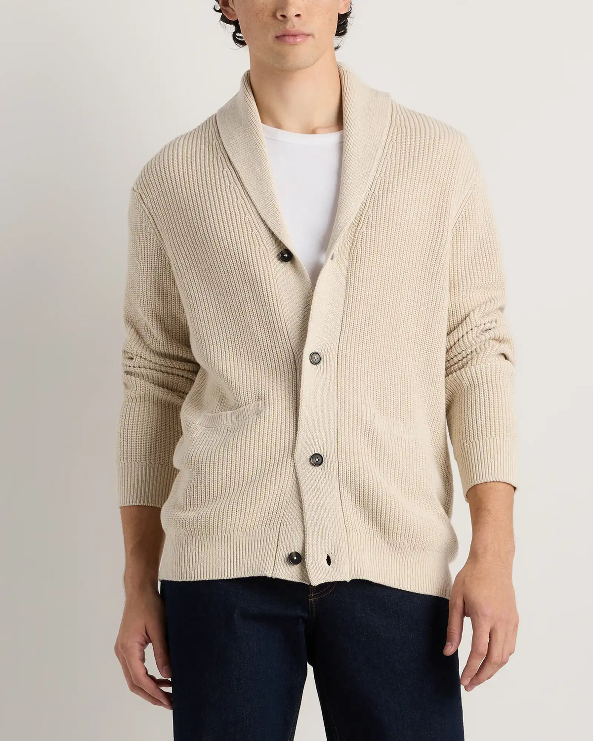 100% Organic Cotton Ribbed Shawl-Collar Cardigan Sweater