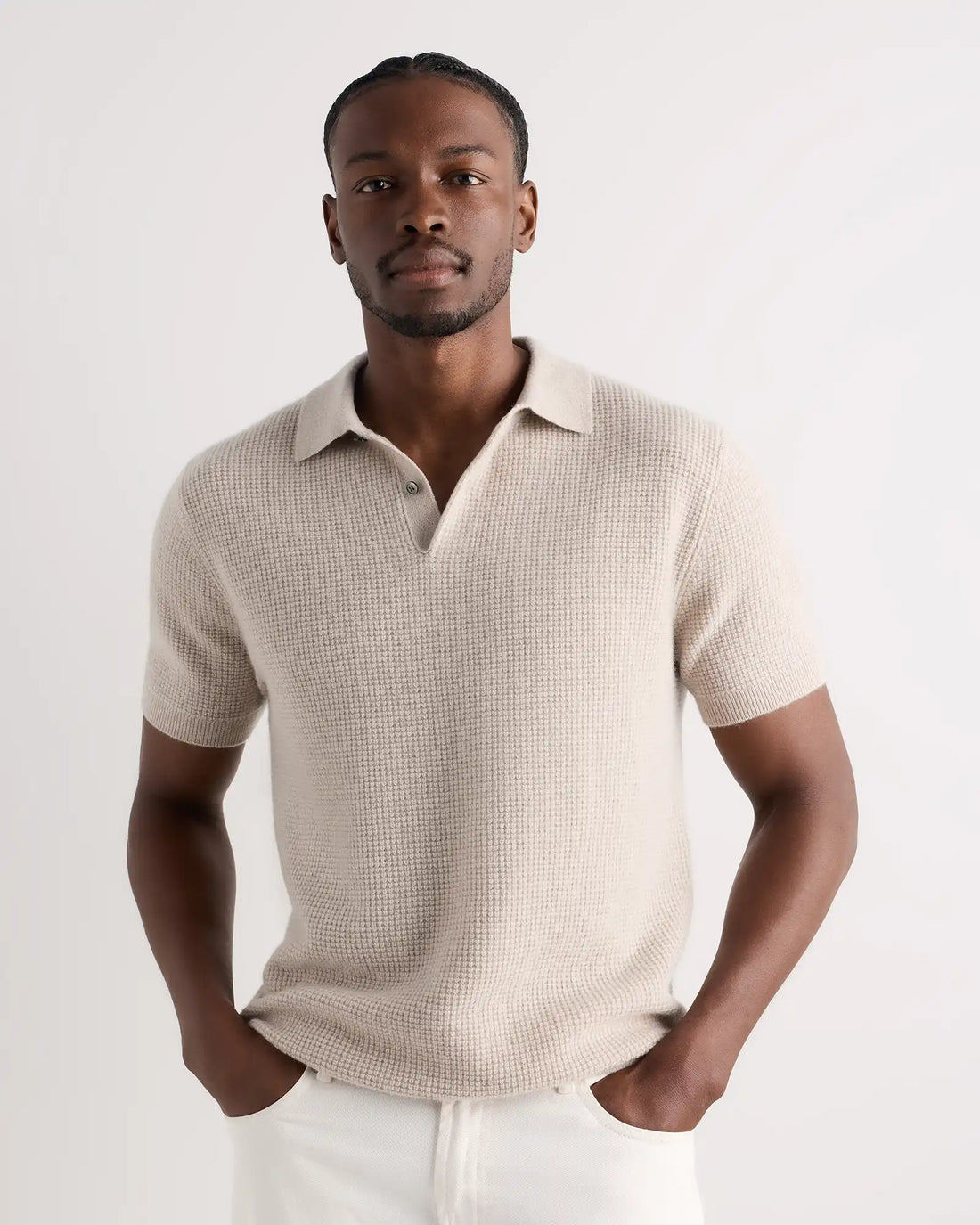 Mongolian Cashmere Waffle Short Sleeve Polo Sweater