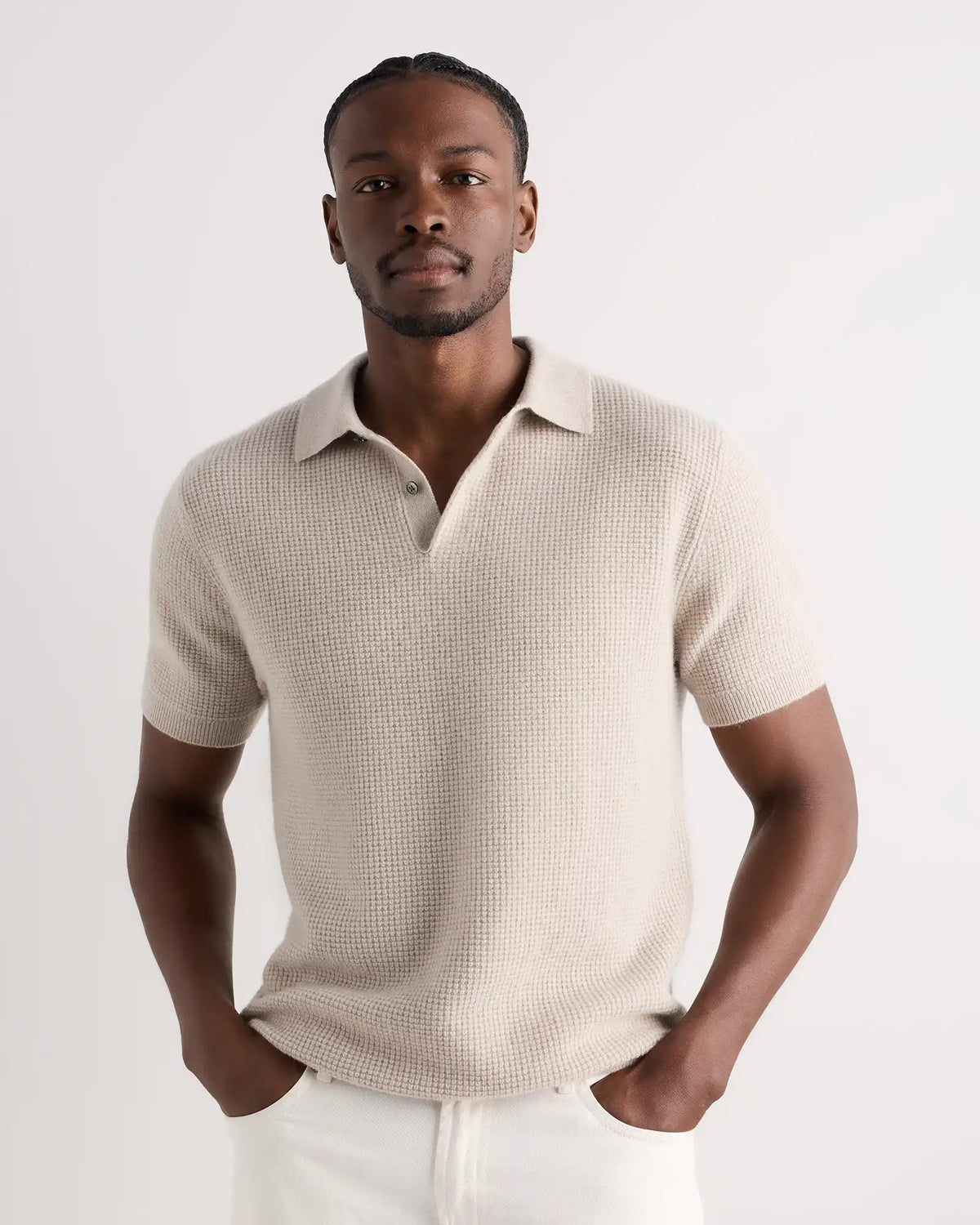Mongolian Cashmere Waffle Short Sleeve Polo Sweater