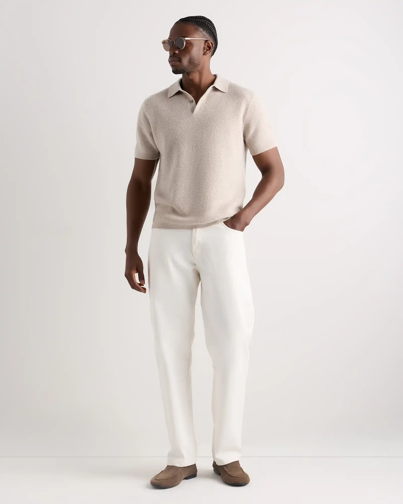 Mongolian Cashmere Waffle Short Sleeve Polo Sweater