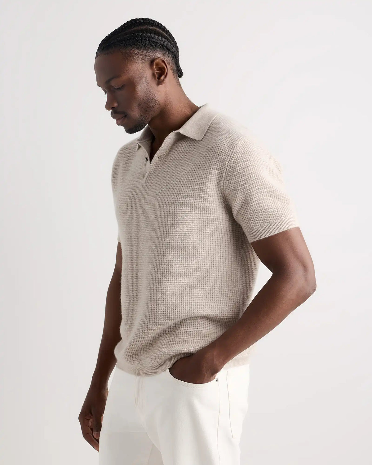 Mongolian Cashmere Waffle Short Sleeve Polo Sweater
