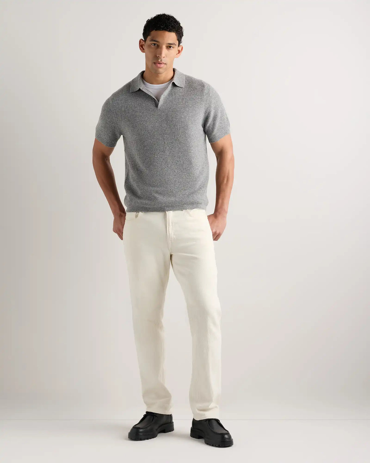 Mongolian Cashmere Waffle Short Sleeve Polo Sweater