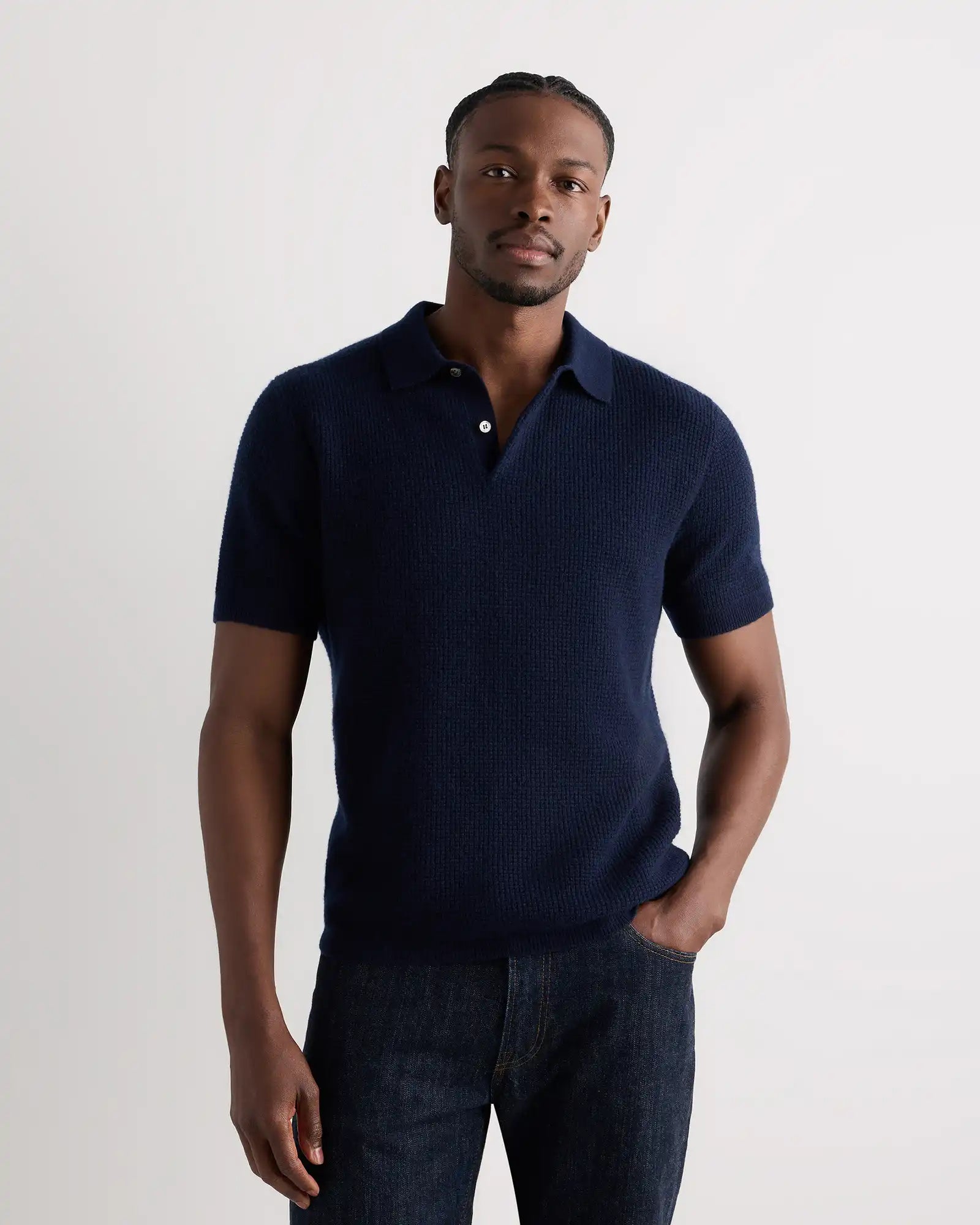 Mongolian Cashmere Waffle Short Sleeve Polo Sweater