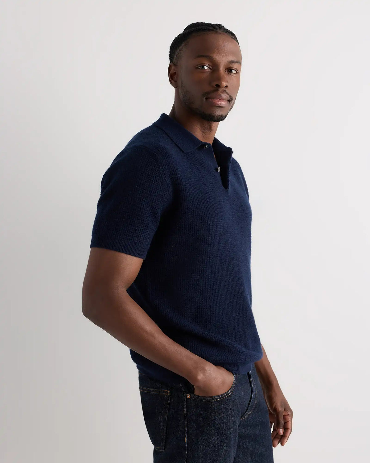 Mongolian Cashmere Waffle Short Sleeve Polo Sweater