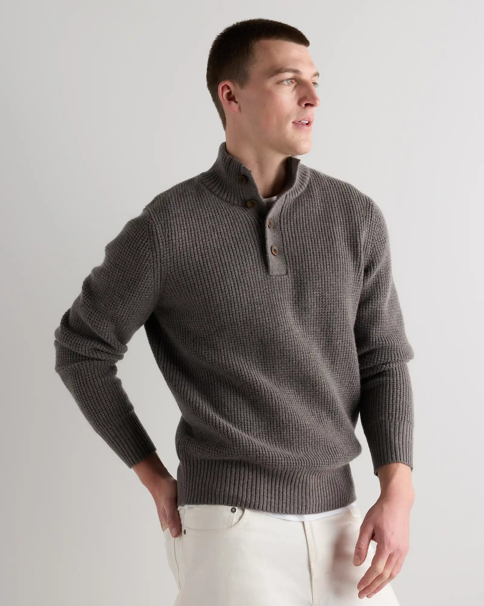 Mongolian Cashmere Waffle Quarter Button Sweater