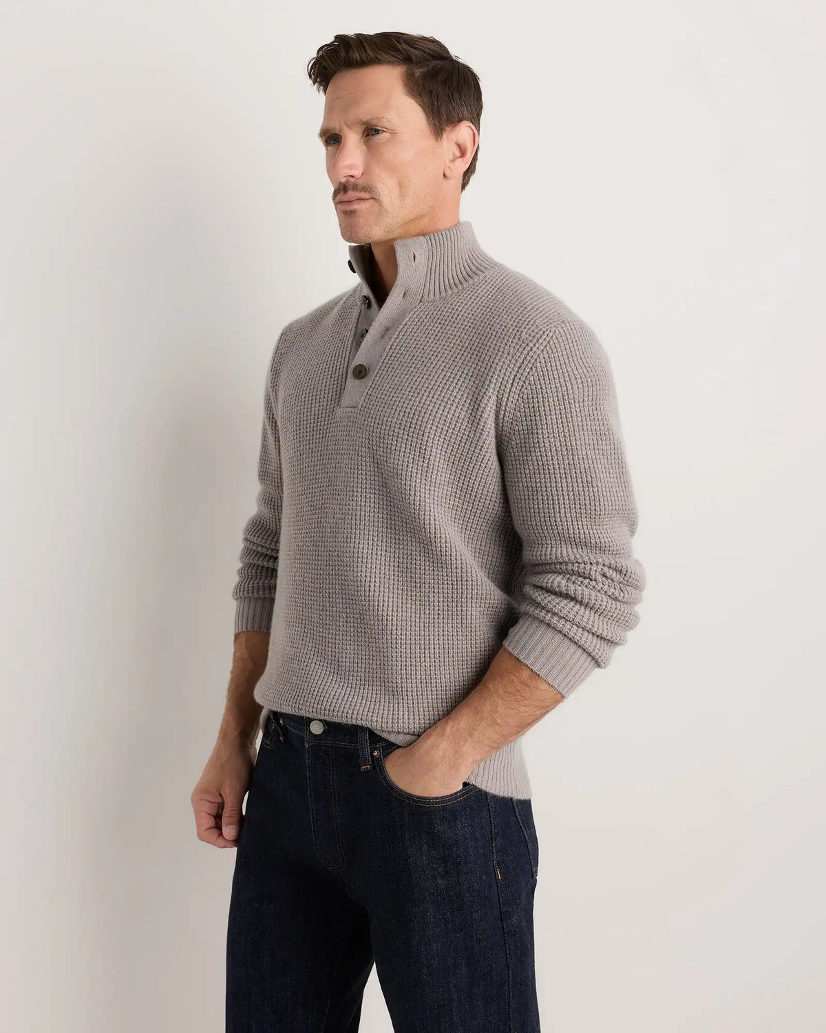 Mongolian Cashmere Waffle Quarter Button Sweater