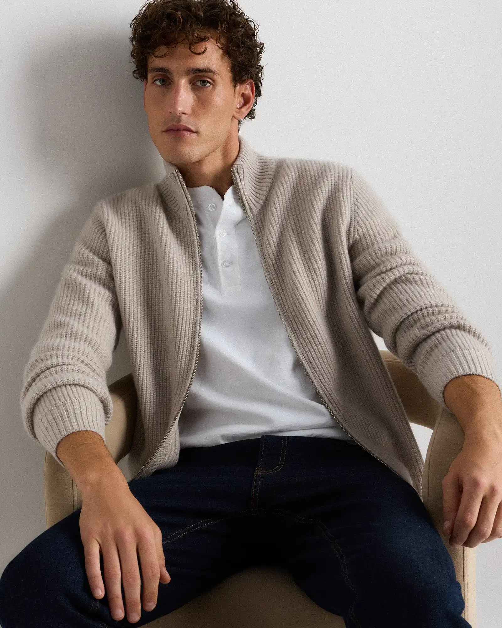 Mongolian Cashmere Fisherman Full Zip Sweater