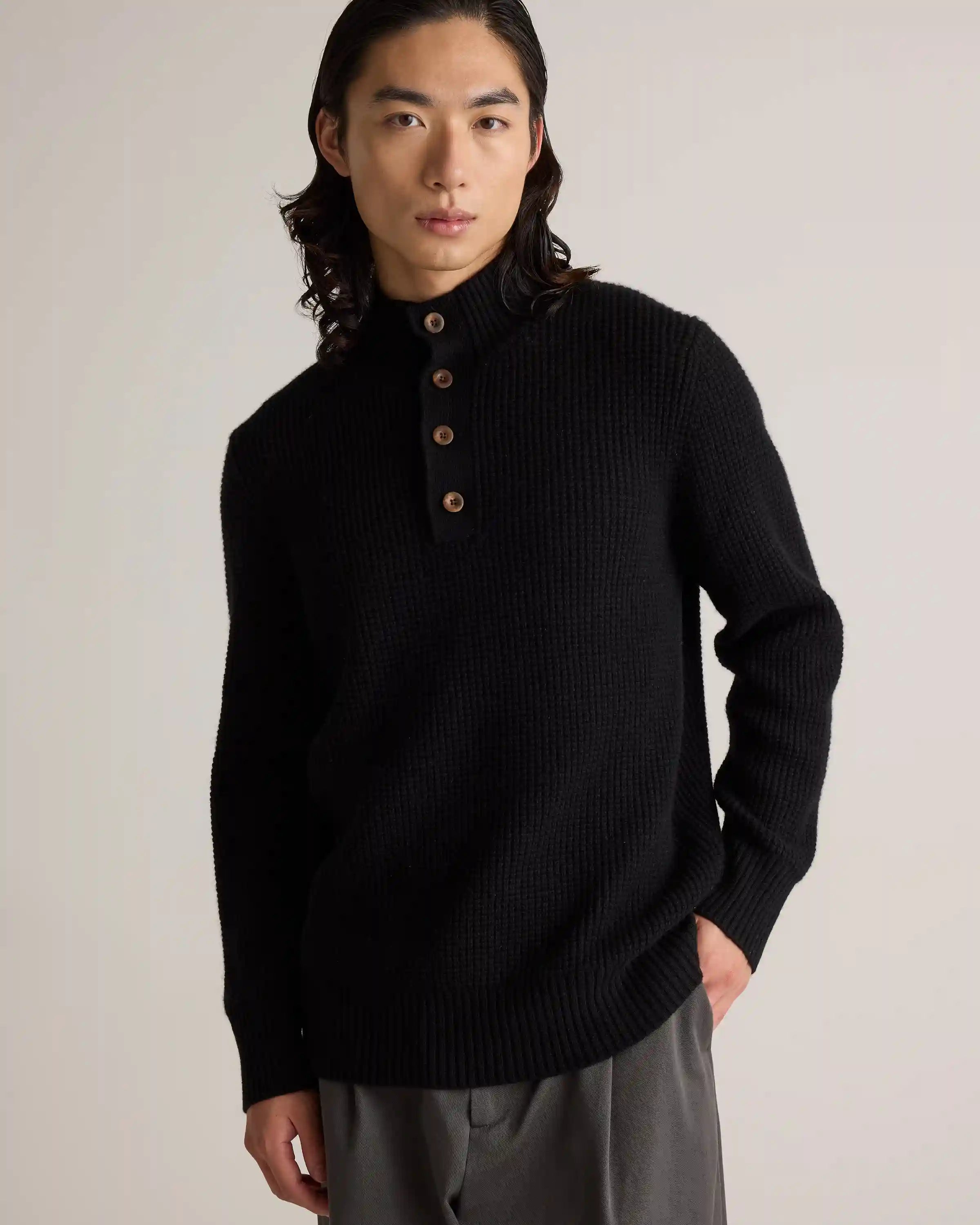 Mongolian Cashmere Waffle Quarter Button Sweater
