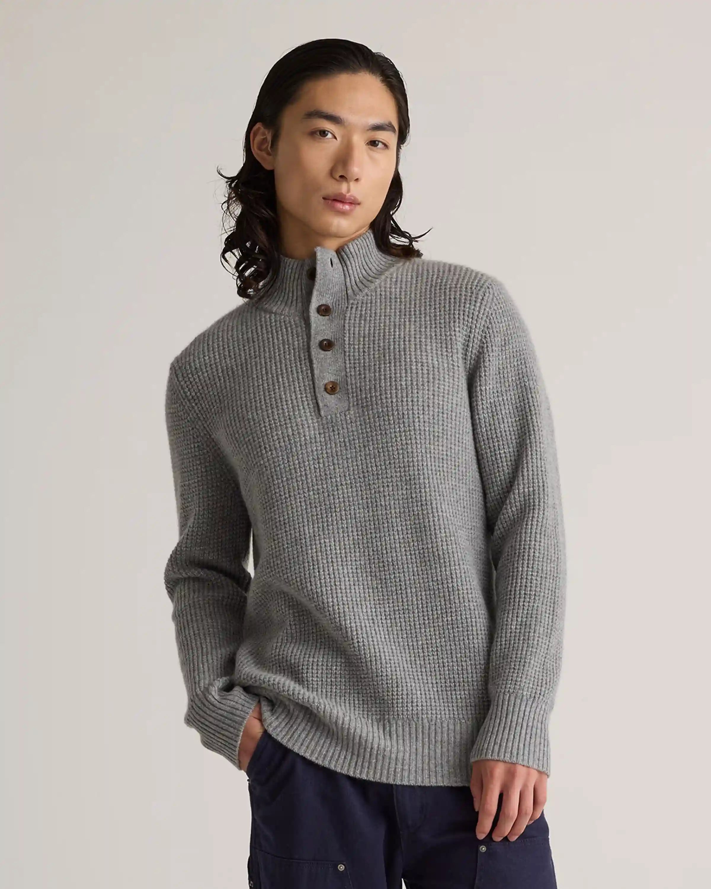 Mongolian Cashmere Waffle Quarter Button Sweater