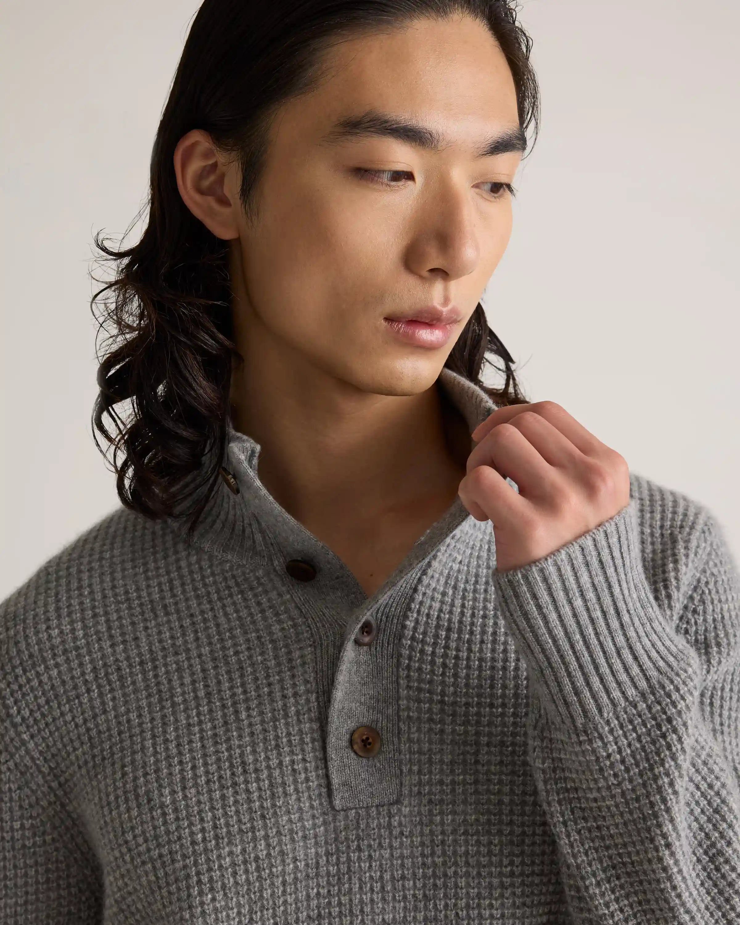 Mongolian Cashmere Waffle Quarter Button Sweater