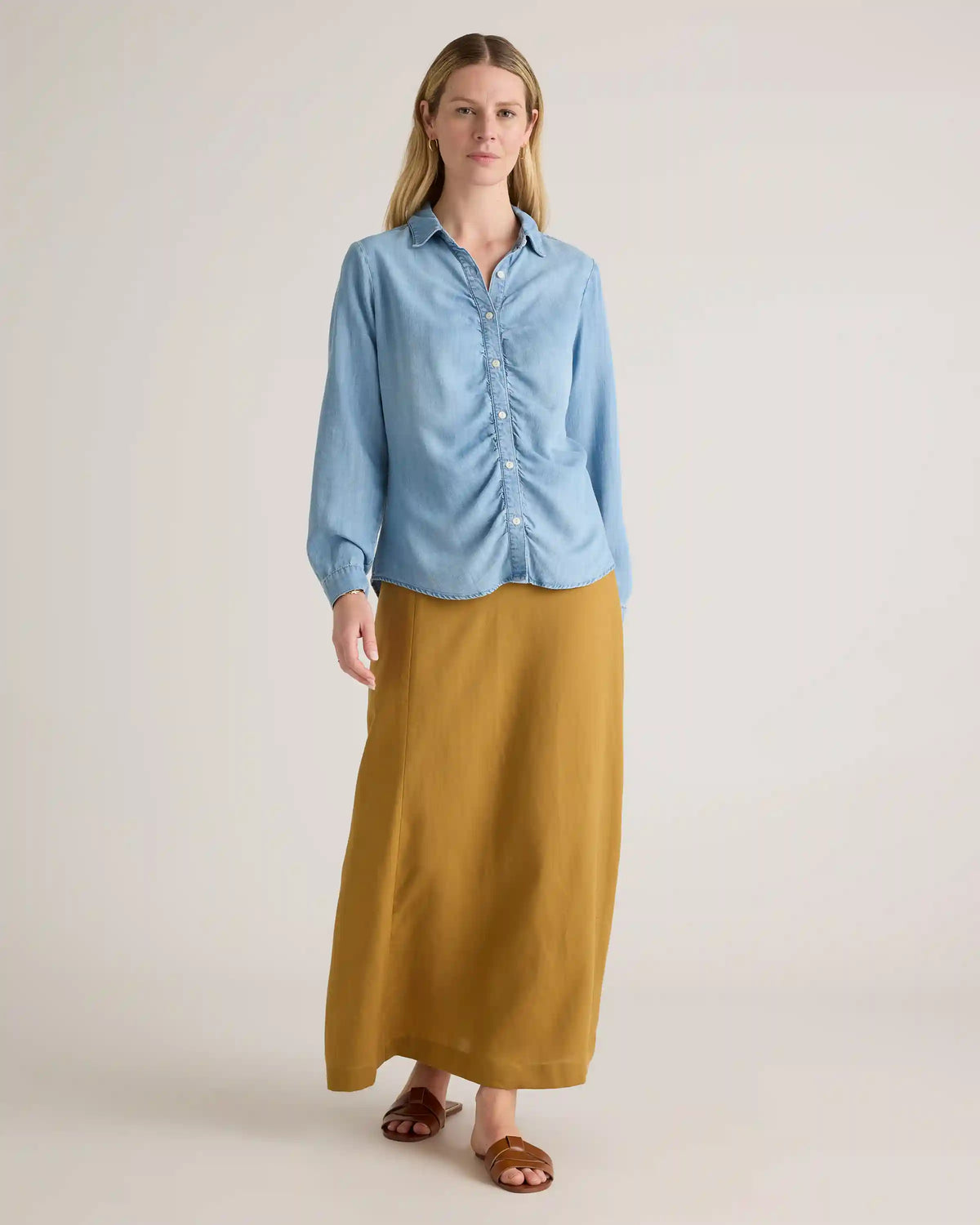 Chambray Tencel Shirred Long Sleeve Shirt