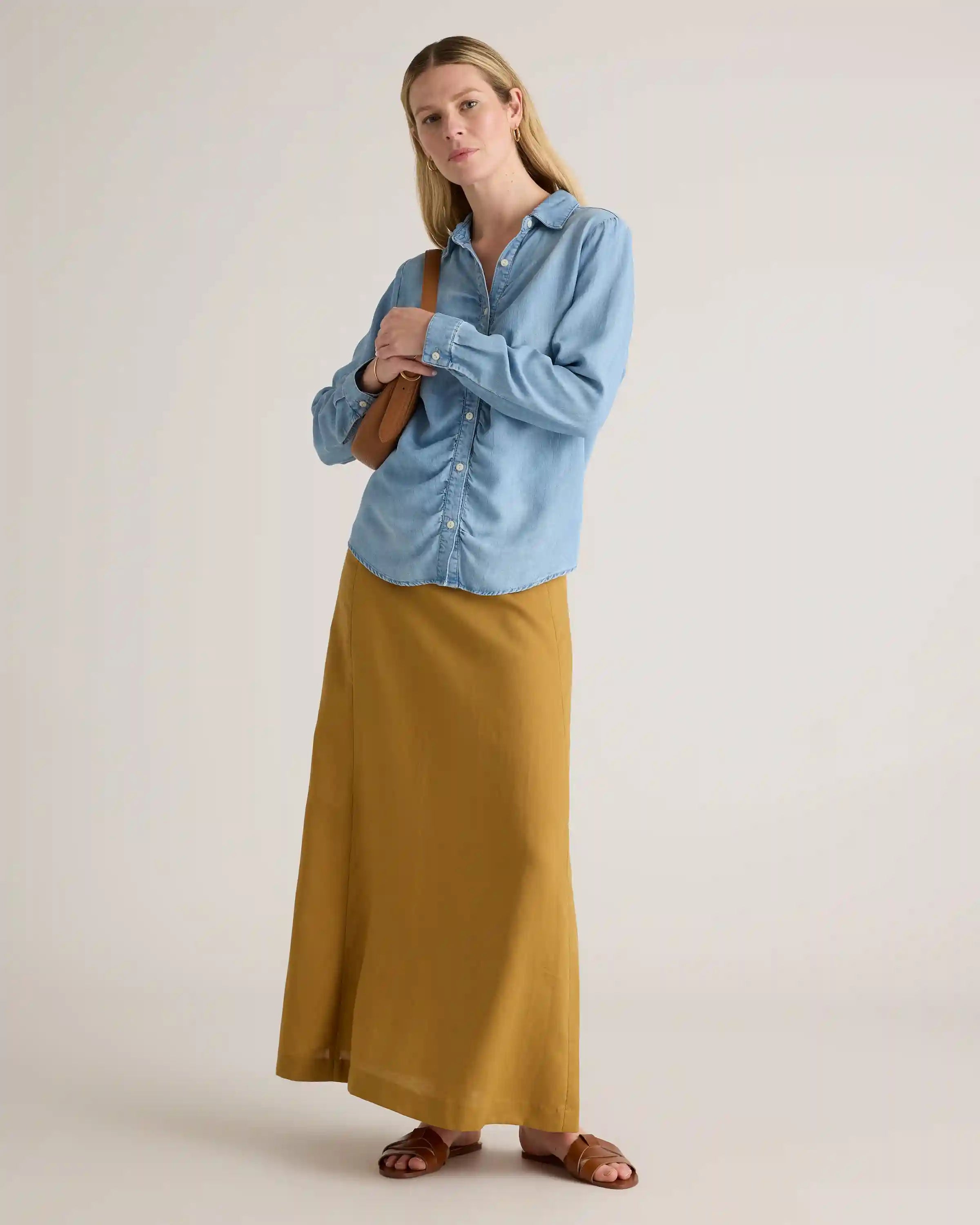 Chambray Tencel Shirred Long Sleeve Shirt