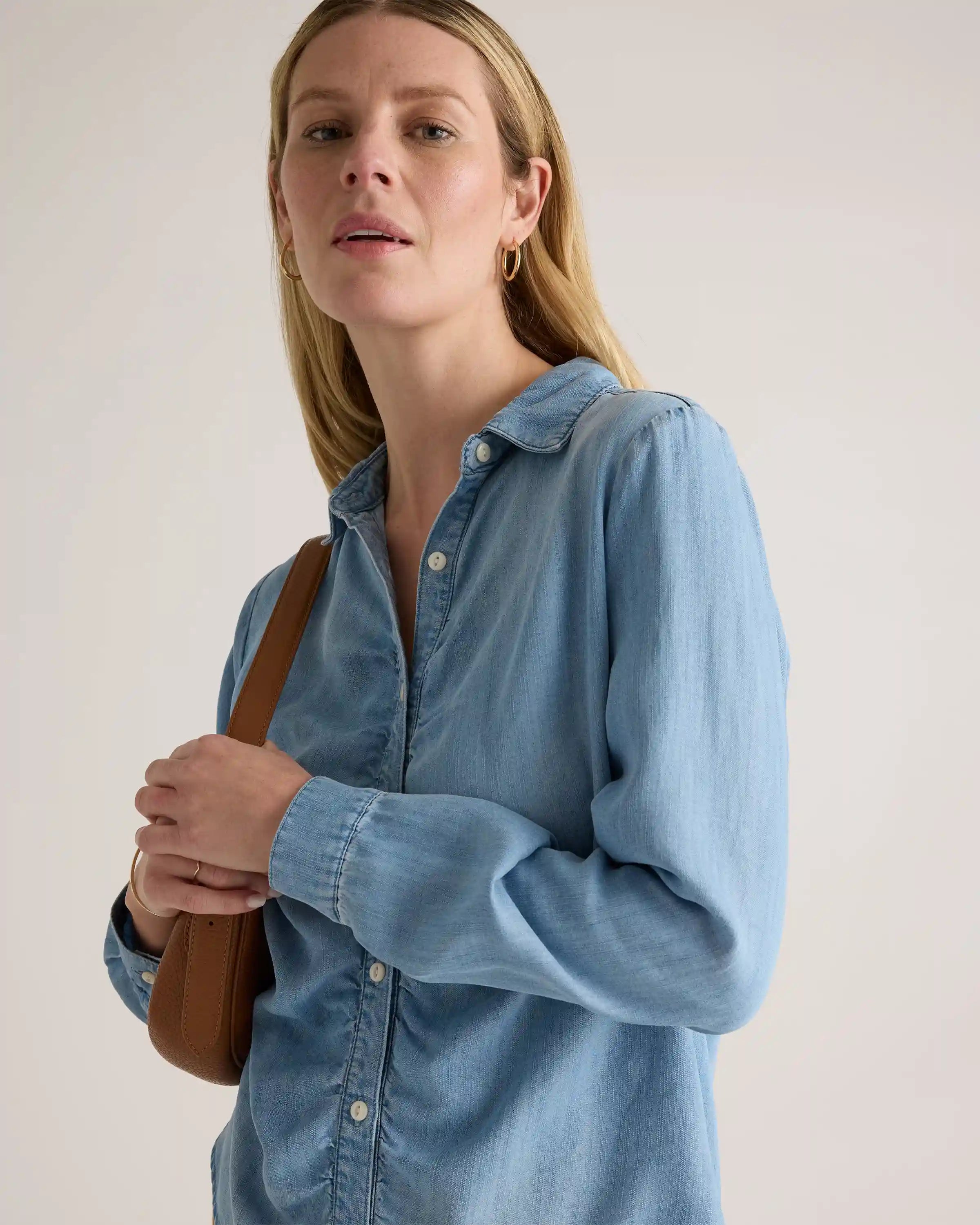 Chambray Tencel Shirred Long Sleeve Shirt