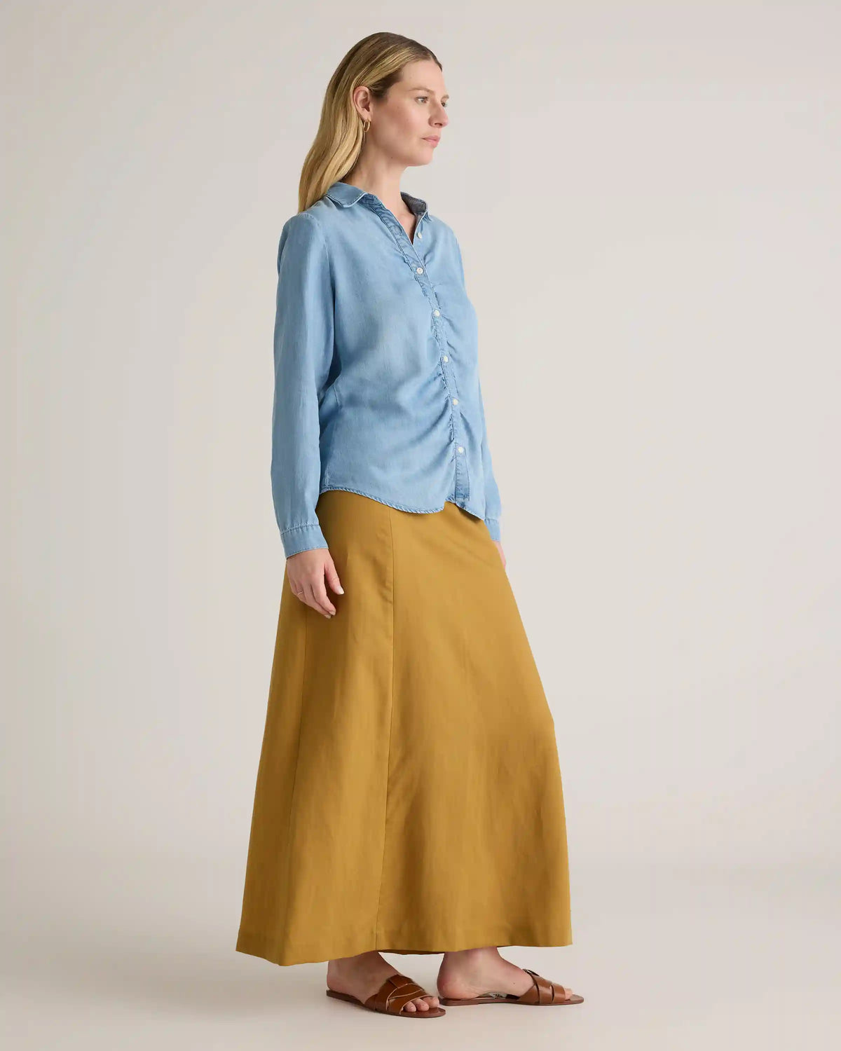 Chambray Tencel Shirred Long Sleeve Shirt