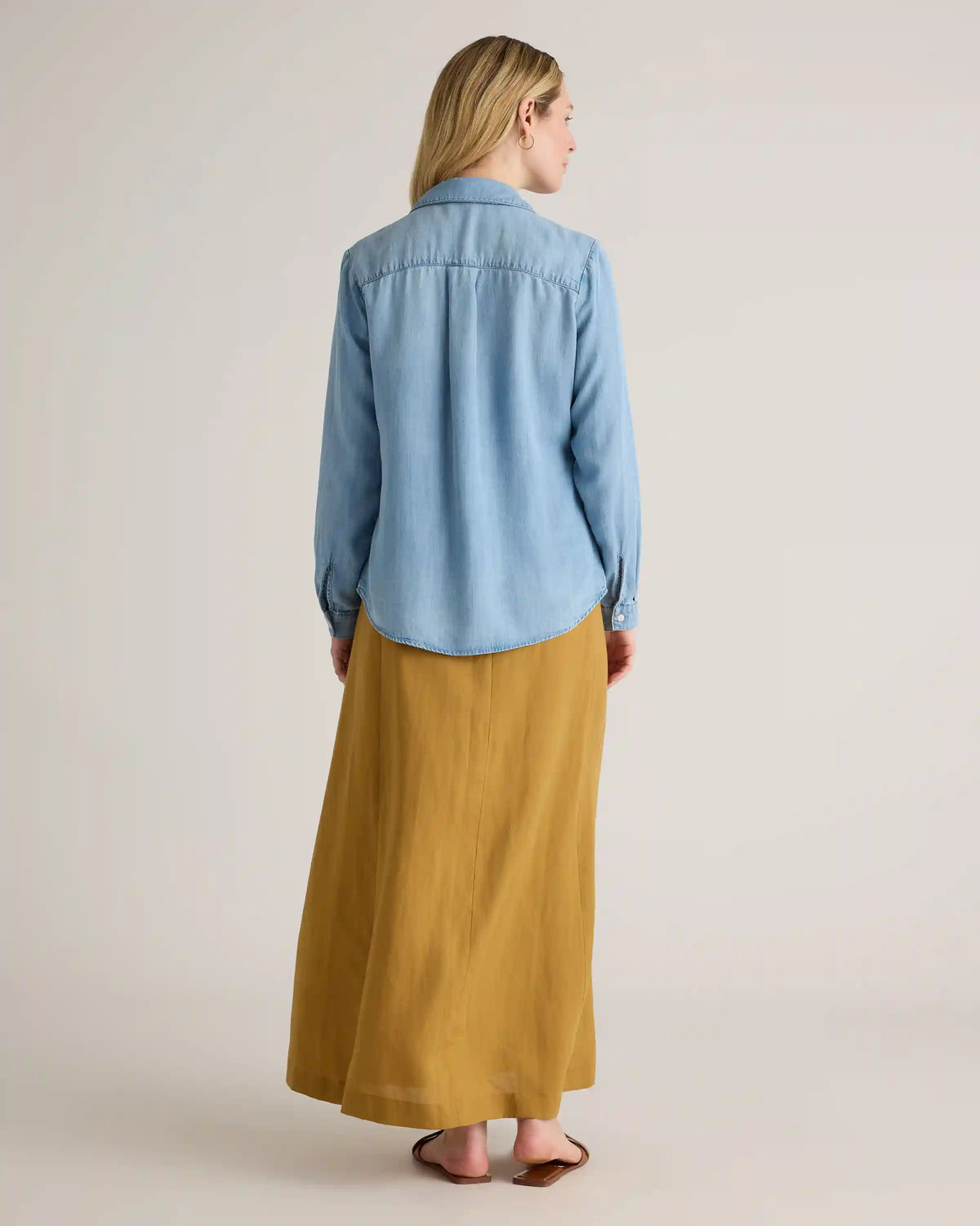 Chambray Tencel Shirred Long Sleeve Shirt