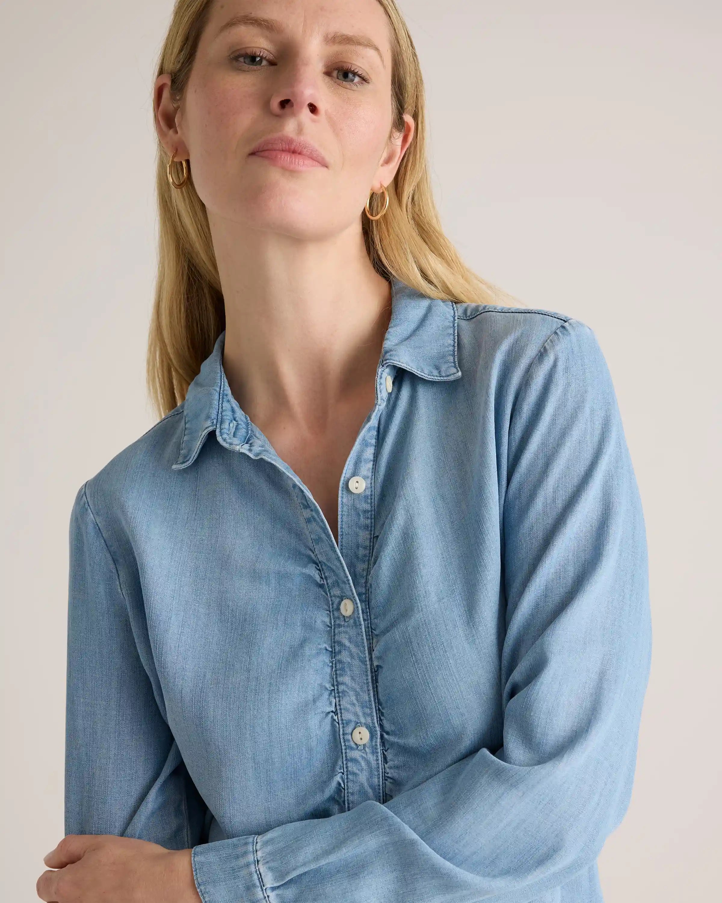 Chambray Tencel Shirred Long Sleeve Shirt