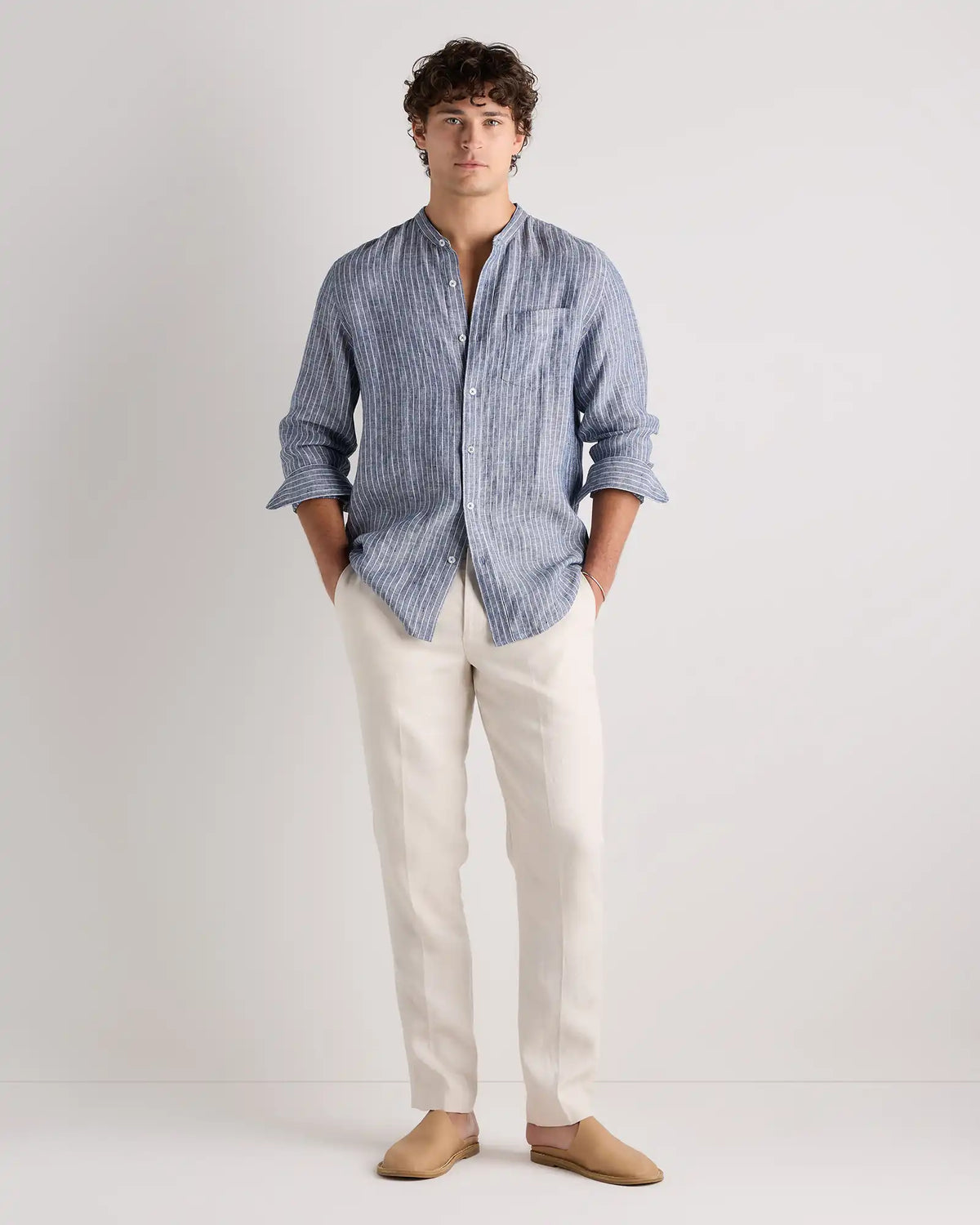 100% European Linen Relaxed Band Collar Shirt