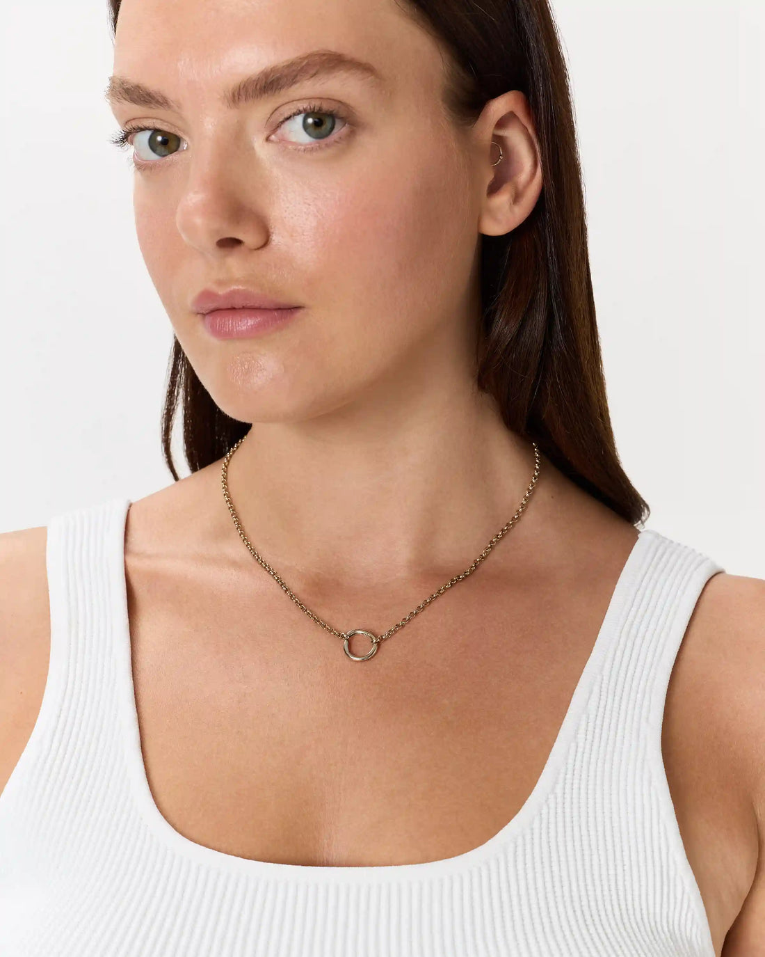 14K Gold Rolo Chain Charm Ring Necklace