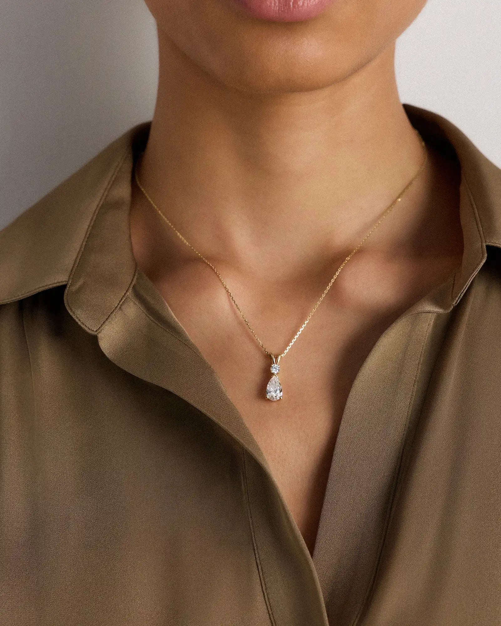 14K Gold Lab Grown Diamond Round & Pear Drop Necklace