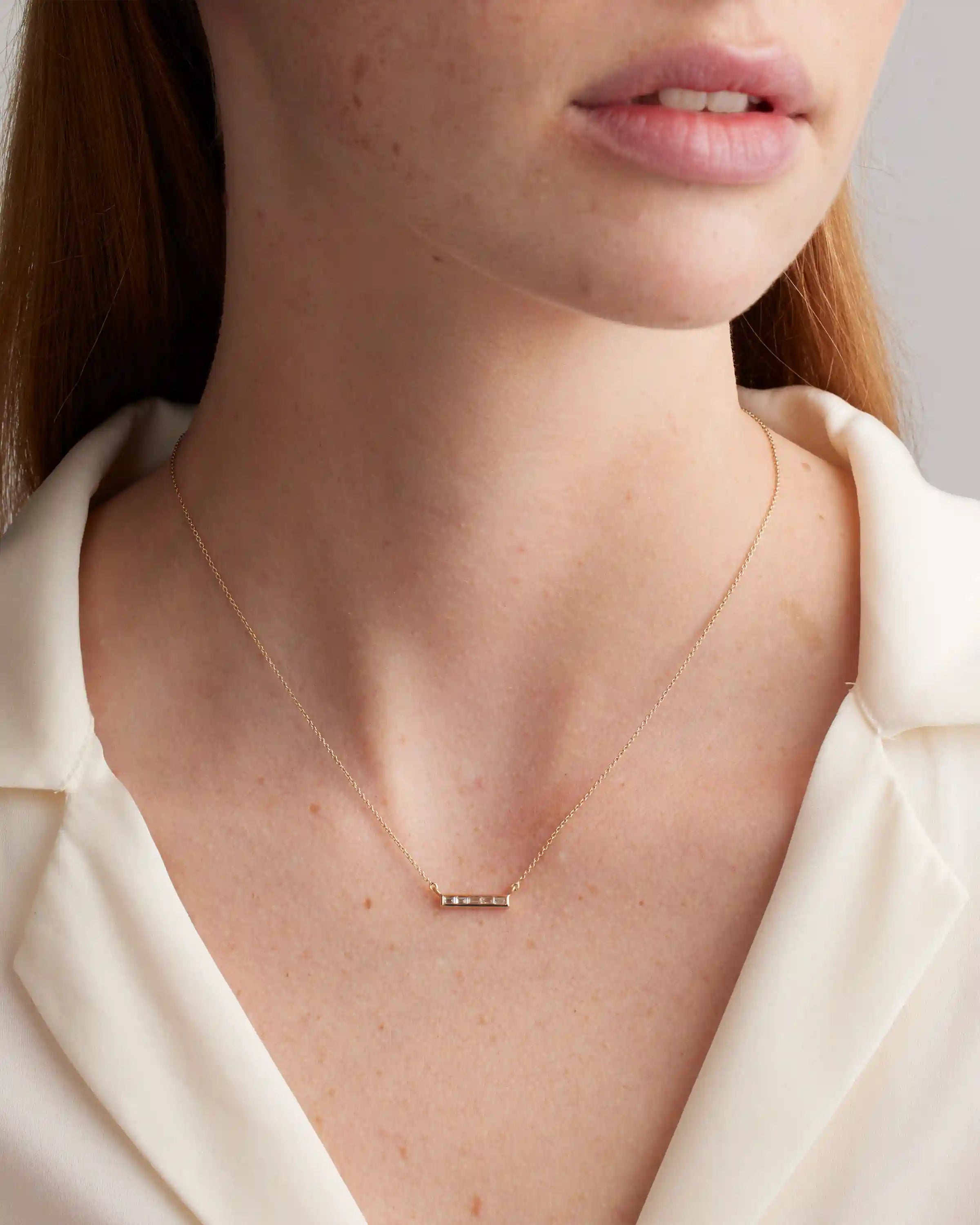 14K Gold Diamond Baguette Bar Necklace