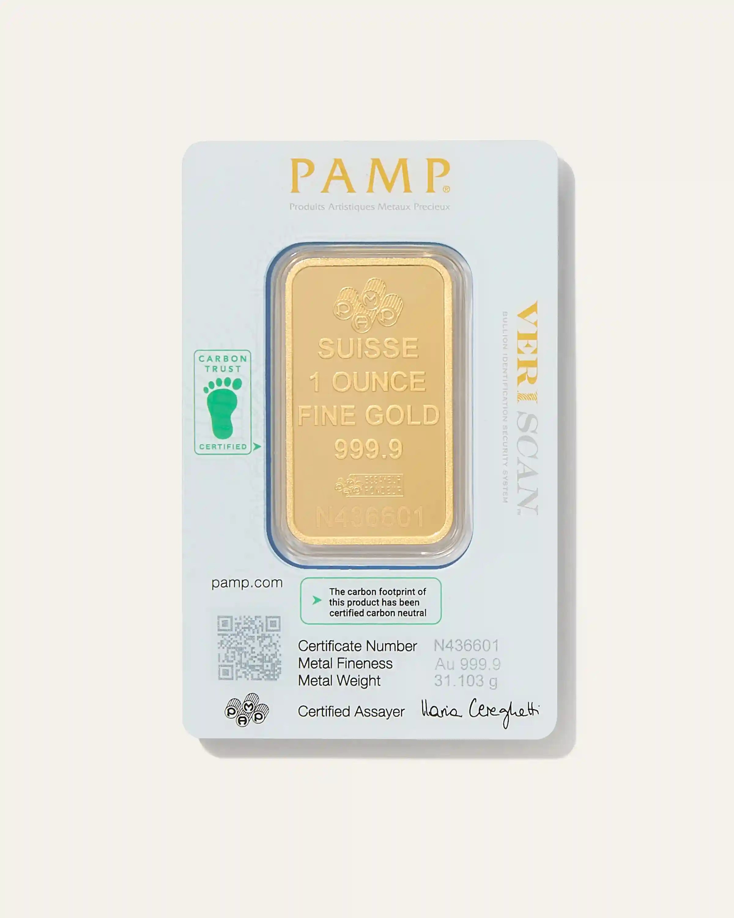 1 oz Gold Bar PAMP Lady Fortuna Veriscan (In Assay)