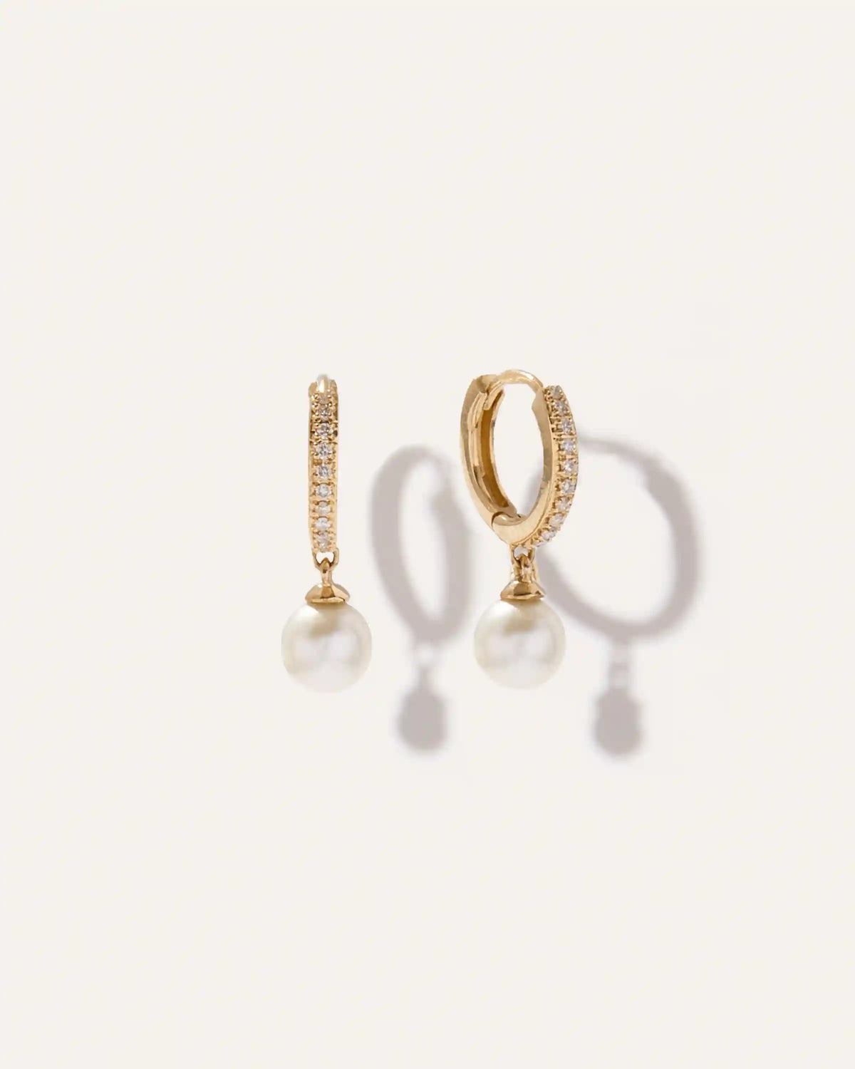 14K Gold Pave Diamond Hoop Pearl Drop Earrings