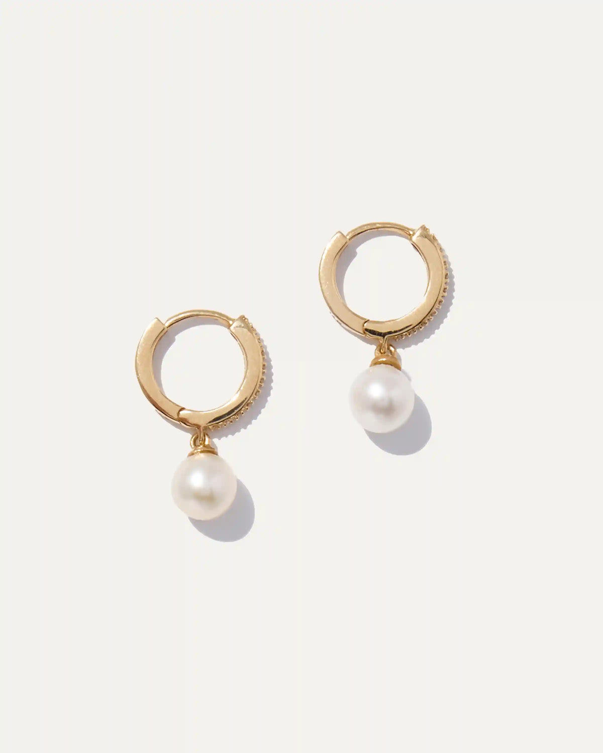14K Gold Pave Diamond Hoop Pearl Drop Earrings