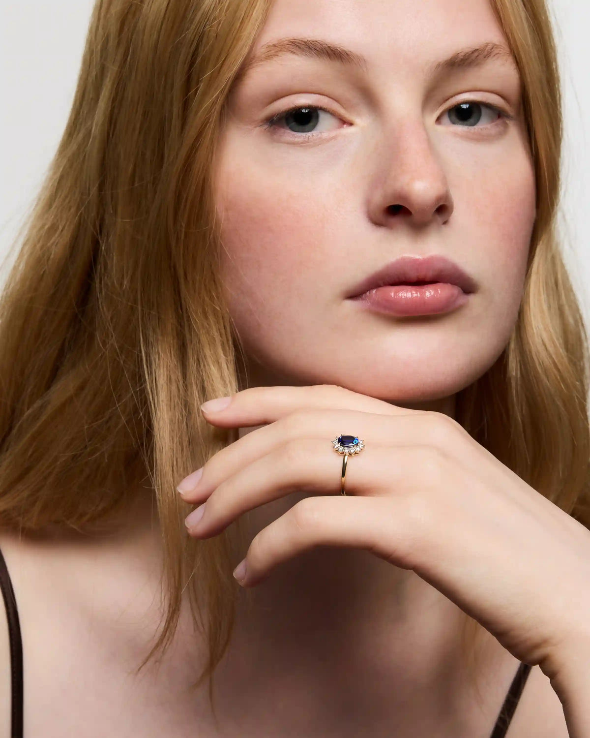 14K Gold Lab Grown Diamond and Blue Sapphire Halo Ring