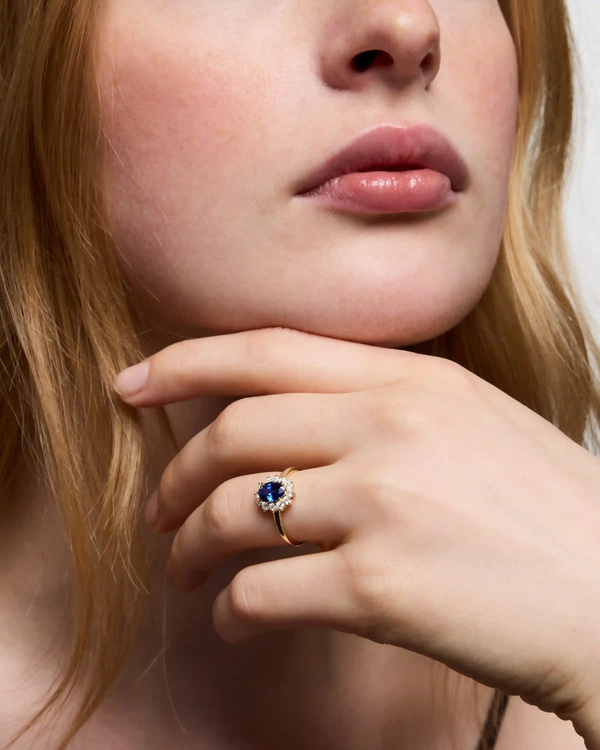 14K Gold Lab Grown Diamond and Blue Sapphire Halo Ring