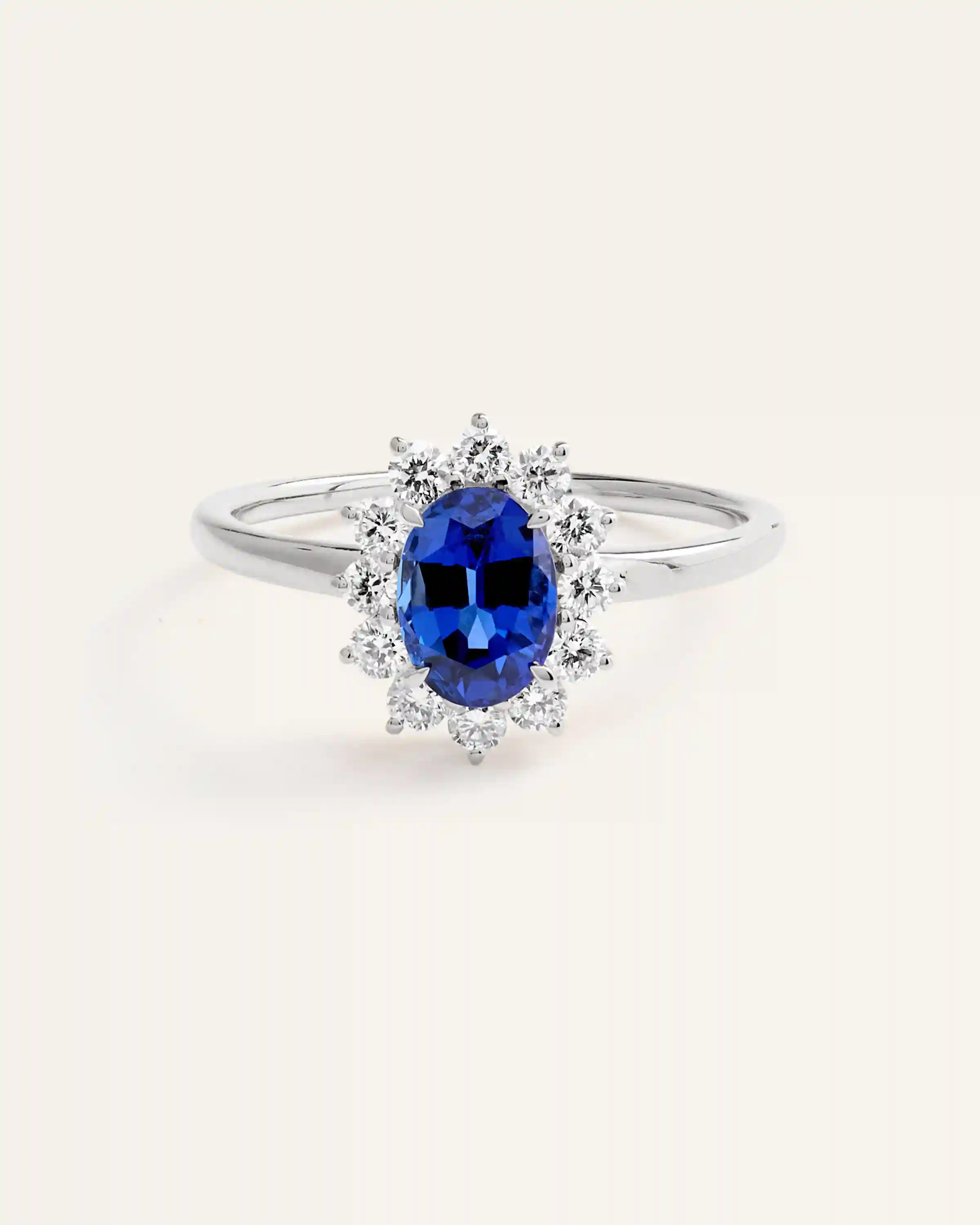 14K Gold Lab Grown Diamond and Blue Sapphire Halo Ring