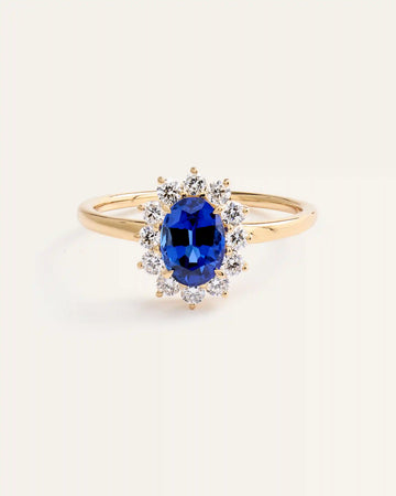 14K Gold Lab Grown Diamond and Blue Sapphire Halo Ring