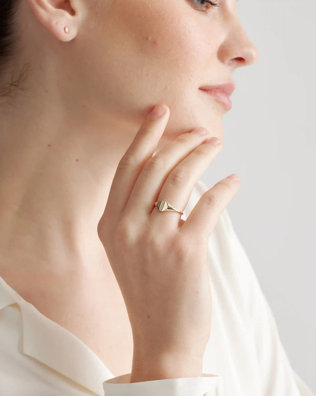 14K Gold Pave Diamond Line Round Signet Ring