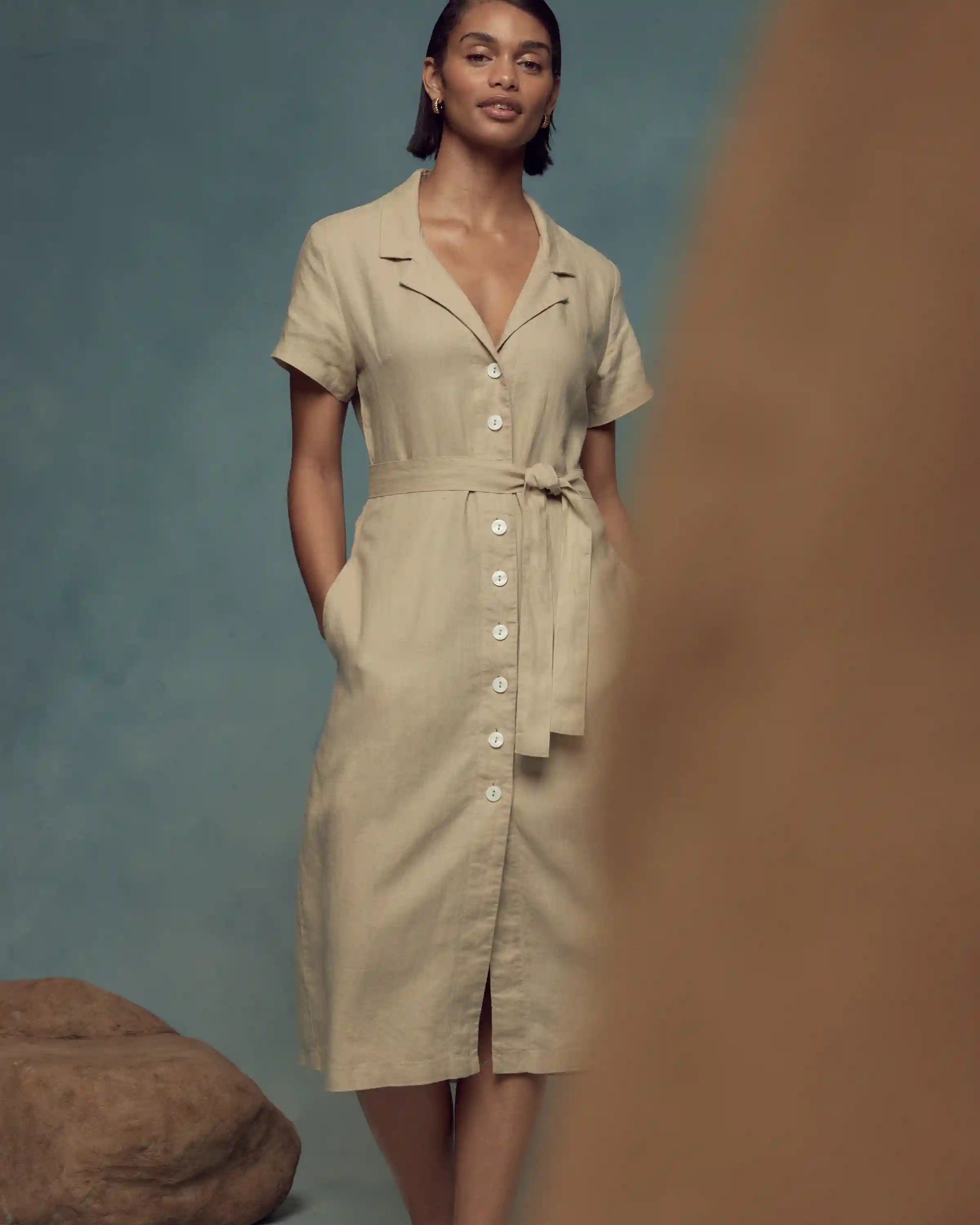 100% European Linen Button Front Dress
