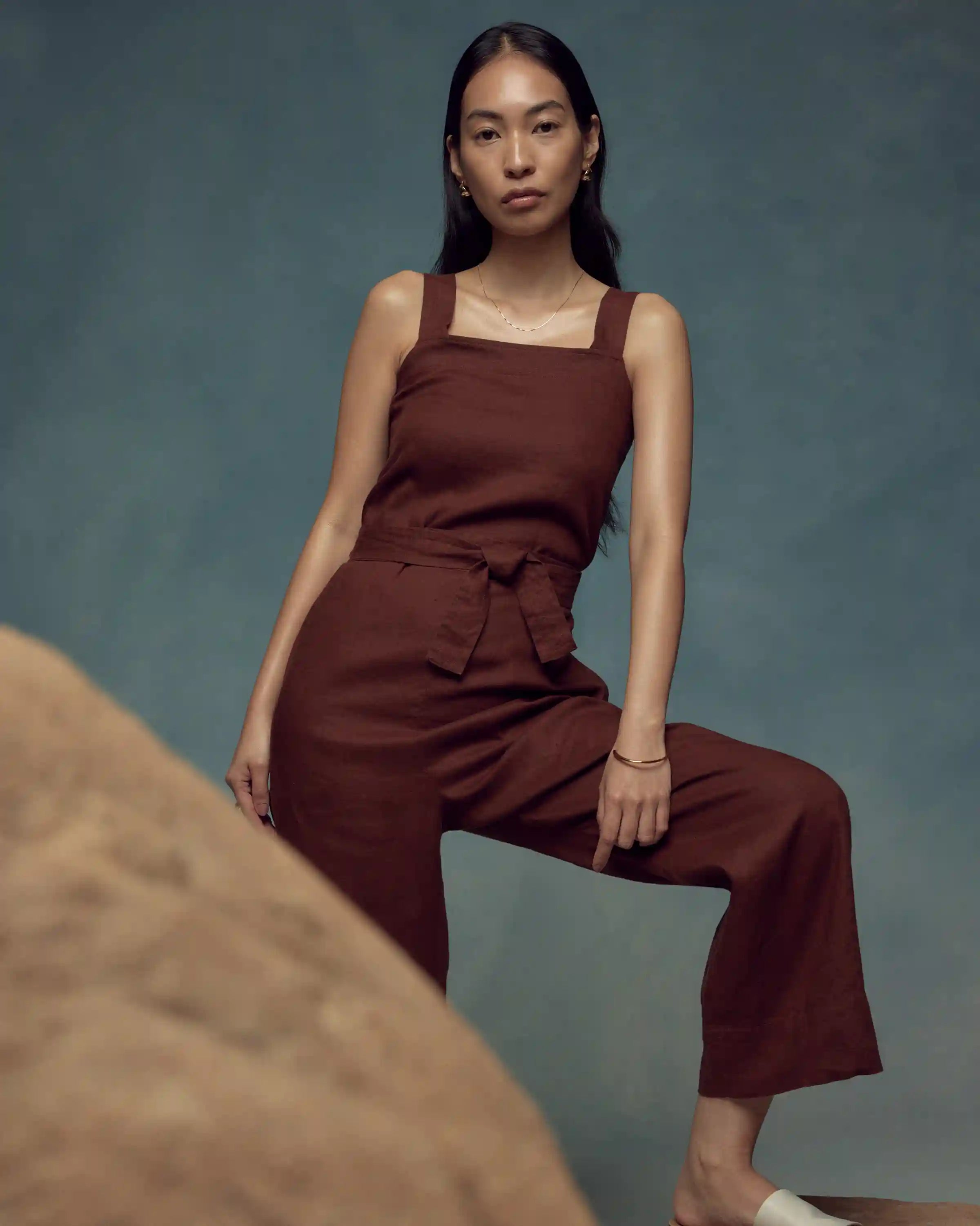 100% European Linen Square Neck Jumpsuit