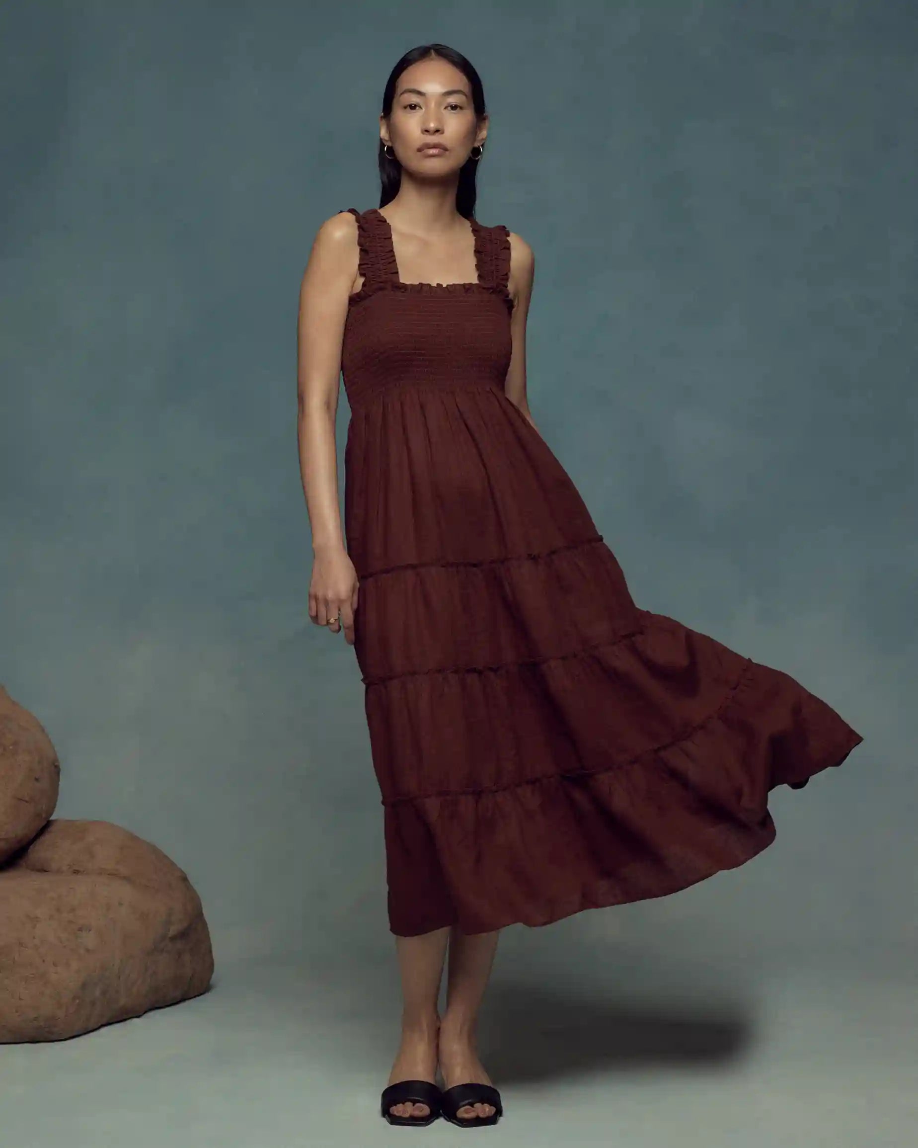 100% European Linen Smocked Midi Dress