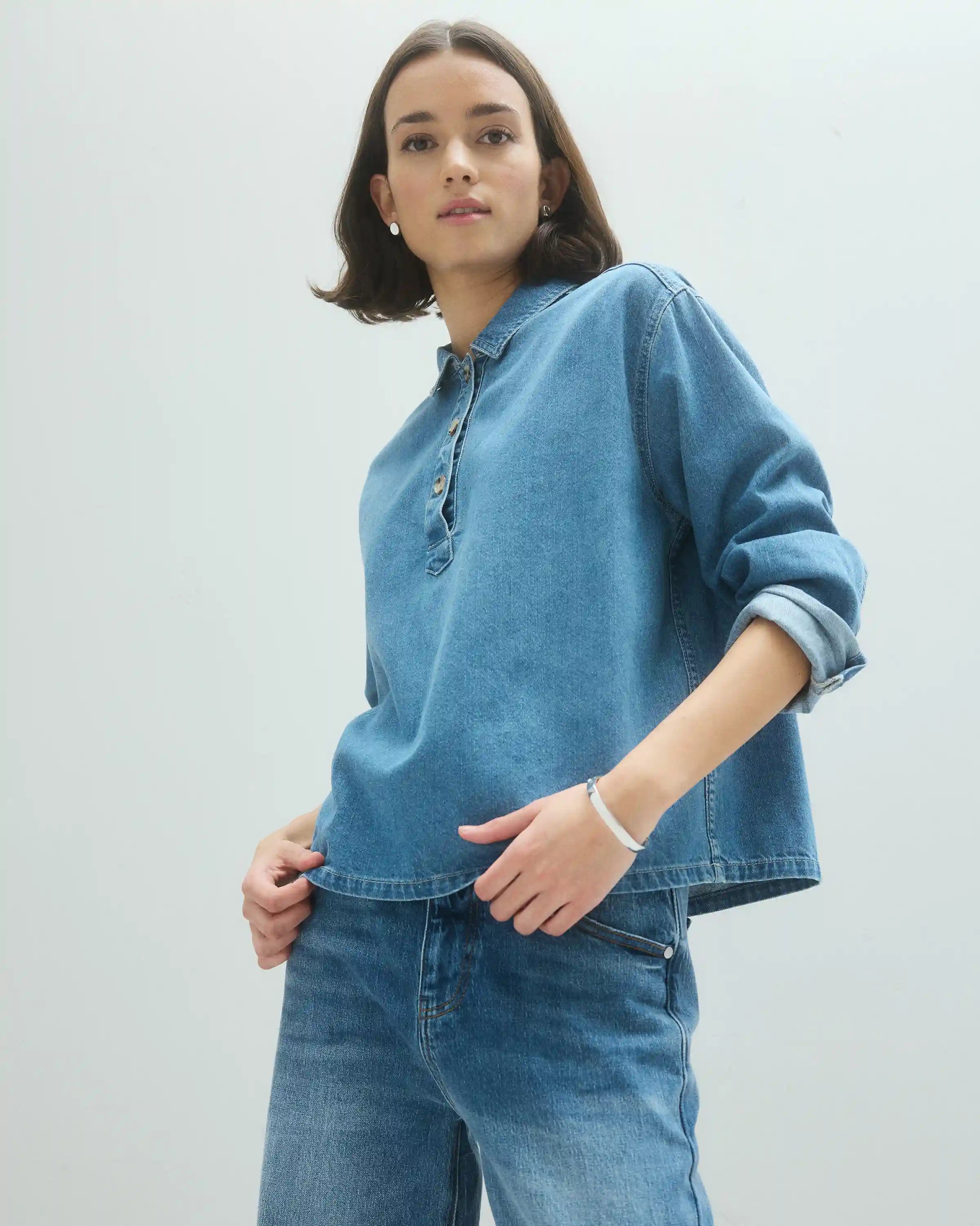 Distressed Denim Popover Shirt