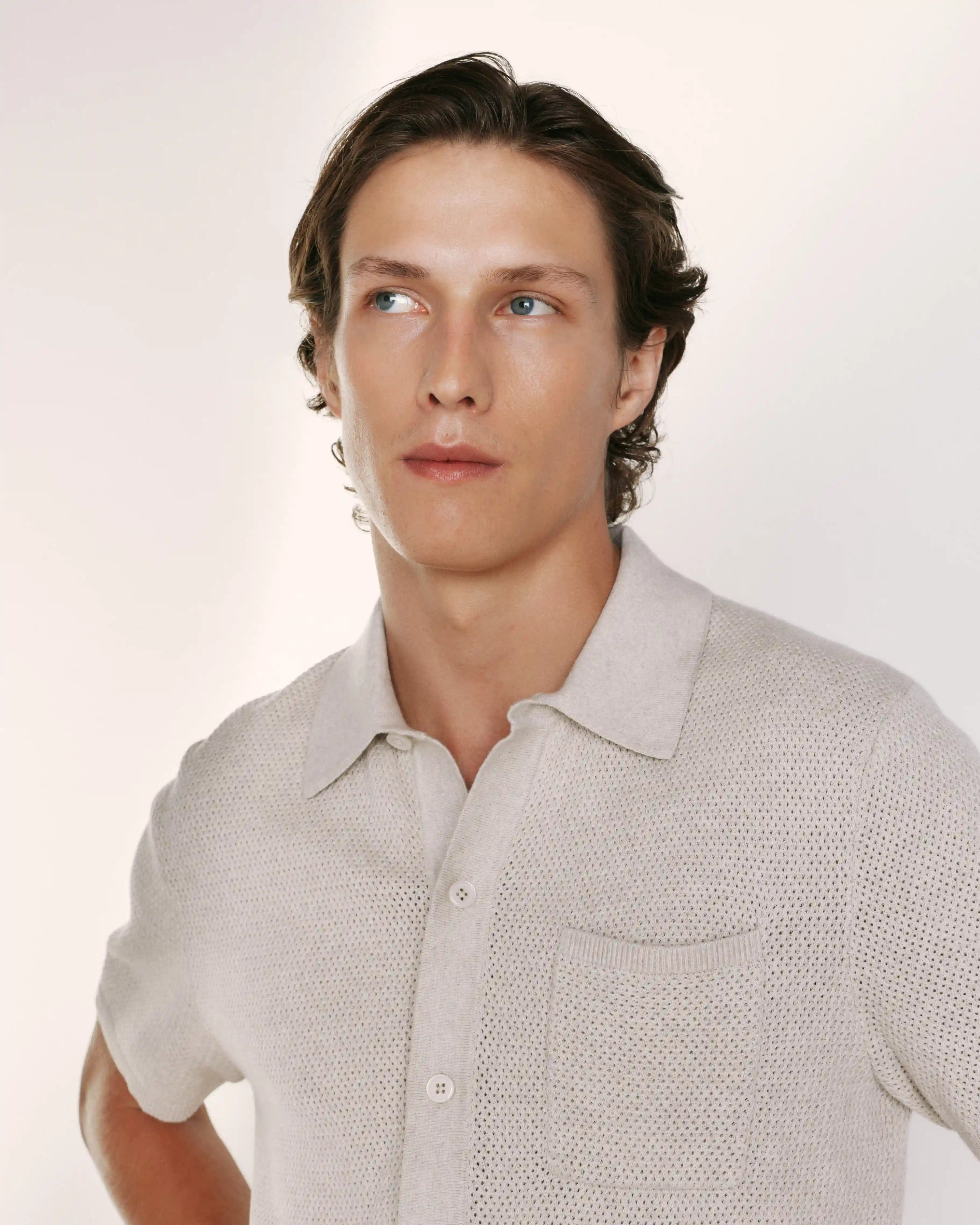 100% Organic Cotton Mesh-Stitch Button-Up Sweater Polo
