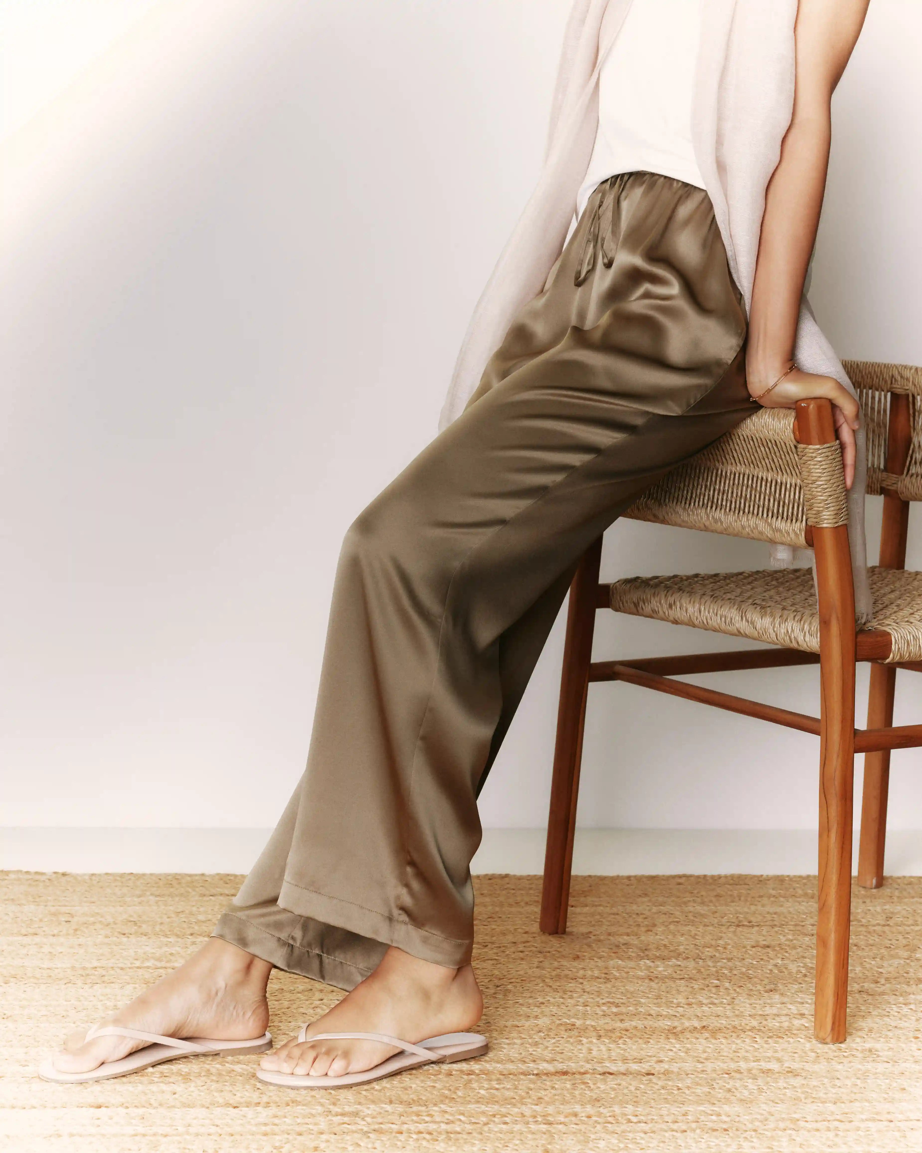 100% Washable Silk Drawstring Wide Leg Pants
