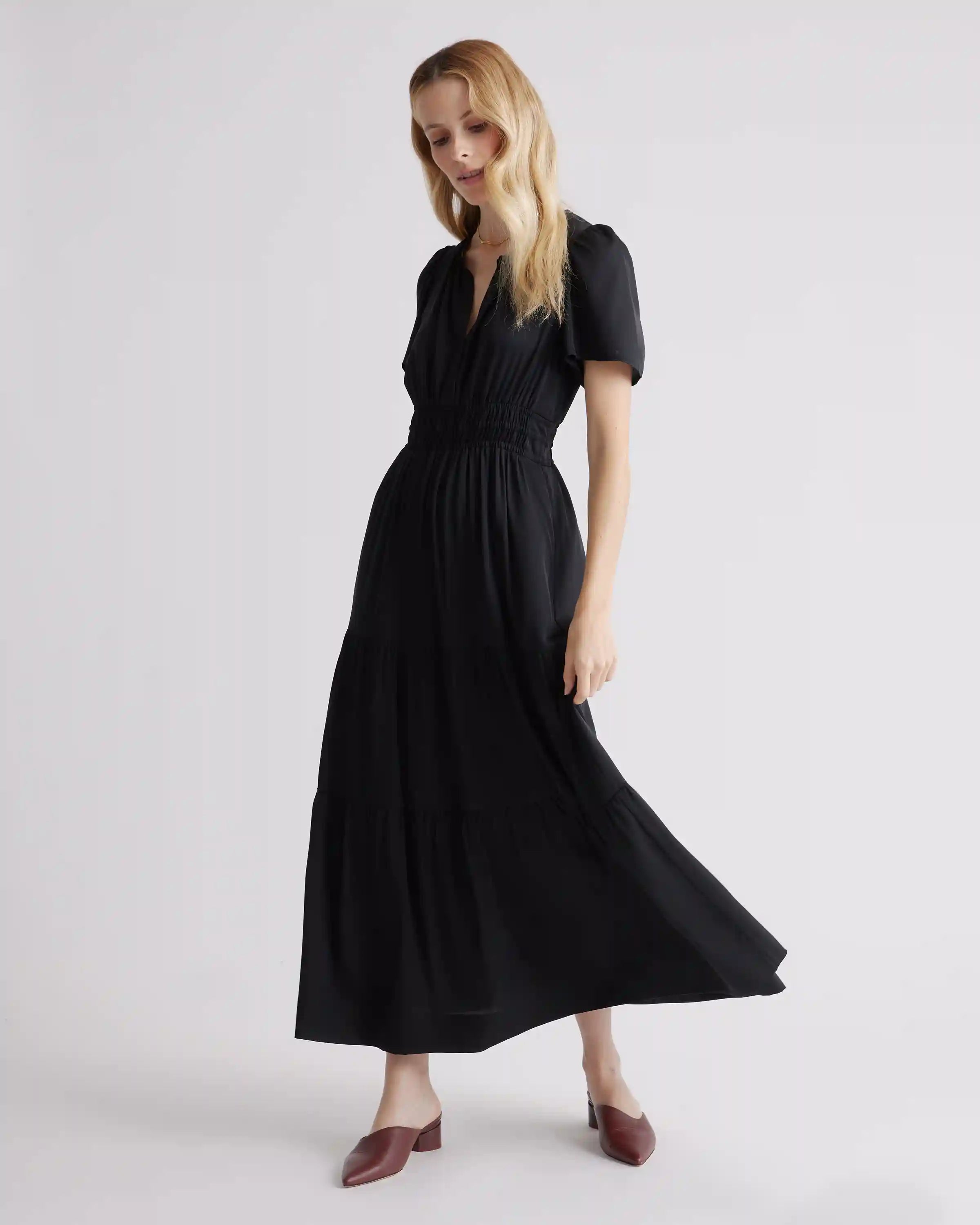 Washable Stretch Silk Tiered Maxi Dress
