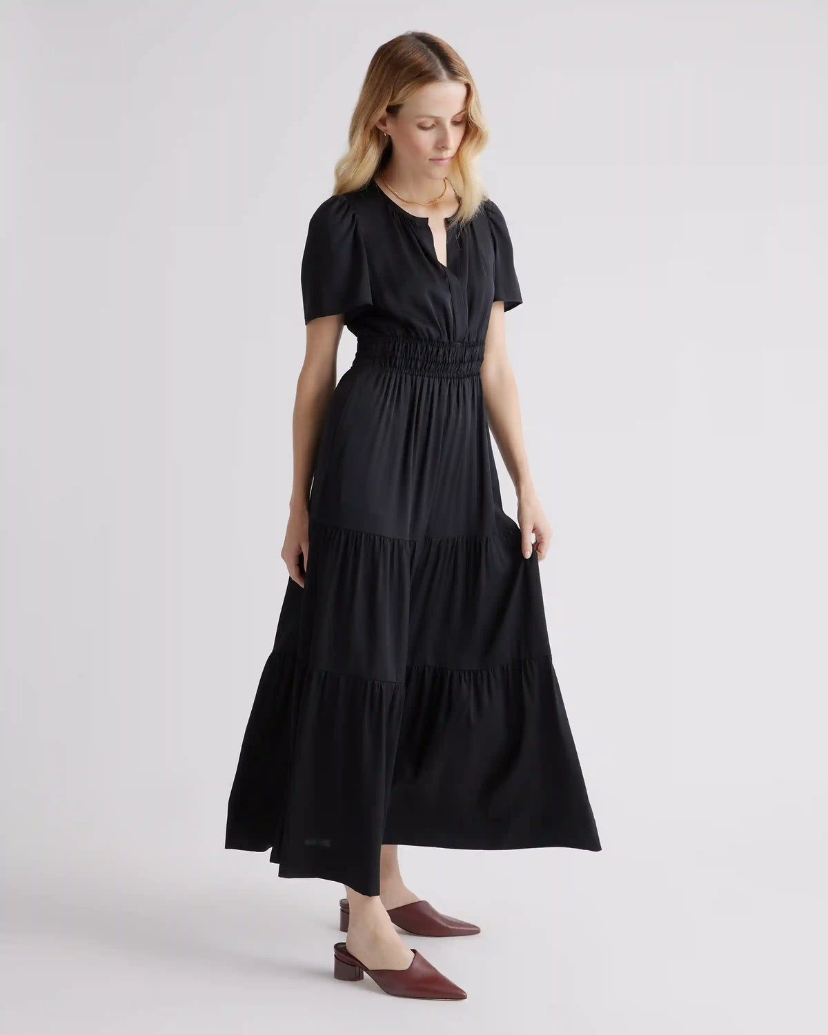 Washable Stretch Silk Tiered Maxi Dress