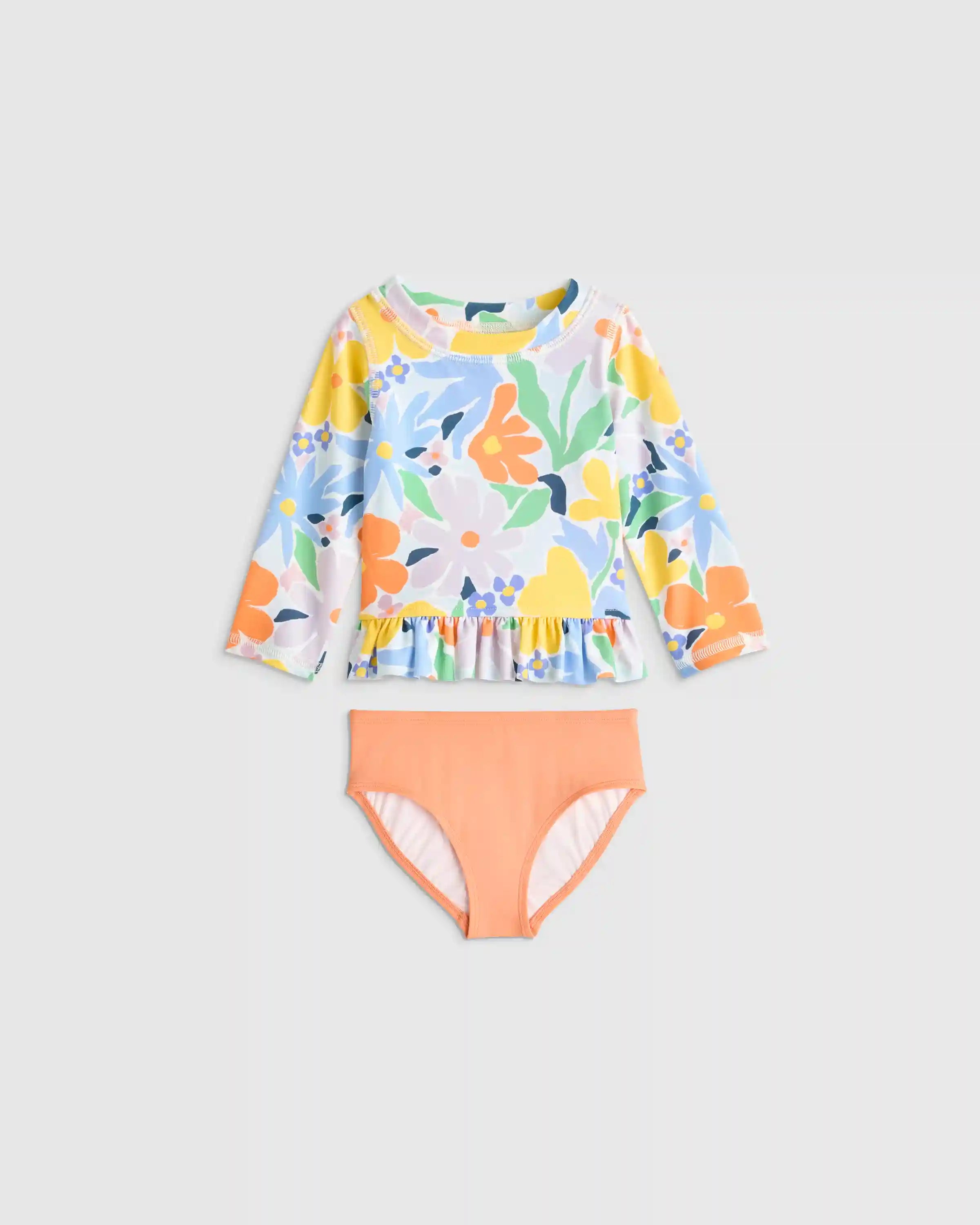 Long Sleeve Ruffle Rash Guard Two-Piece Swimsuit