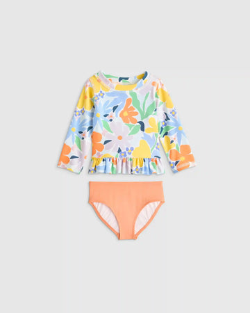 Long Sleeve Ruffle Rash Guard Two-Piece Swimsuit