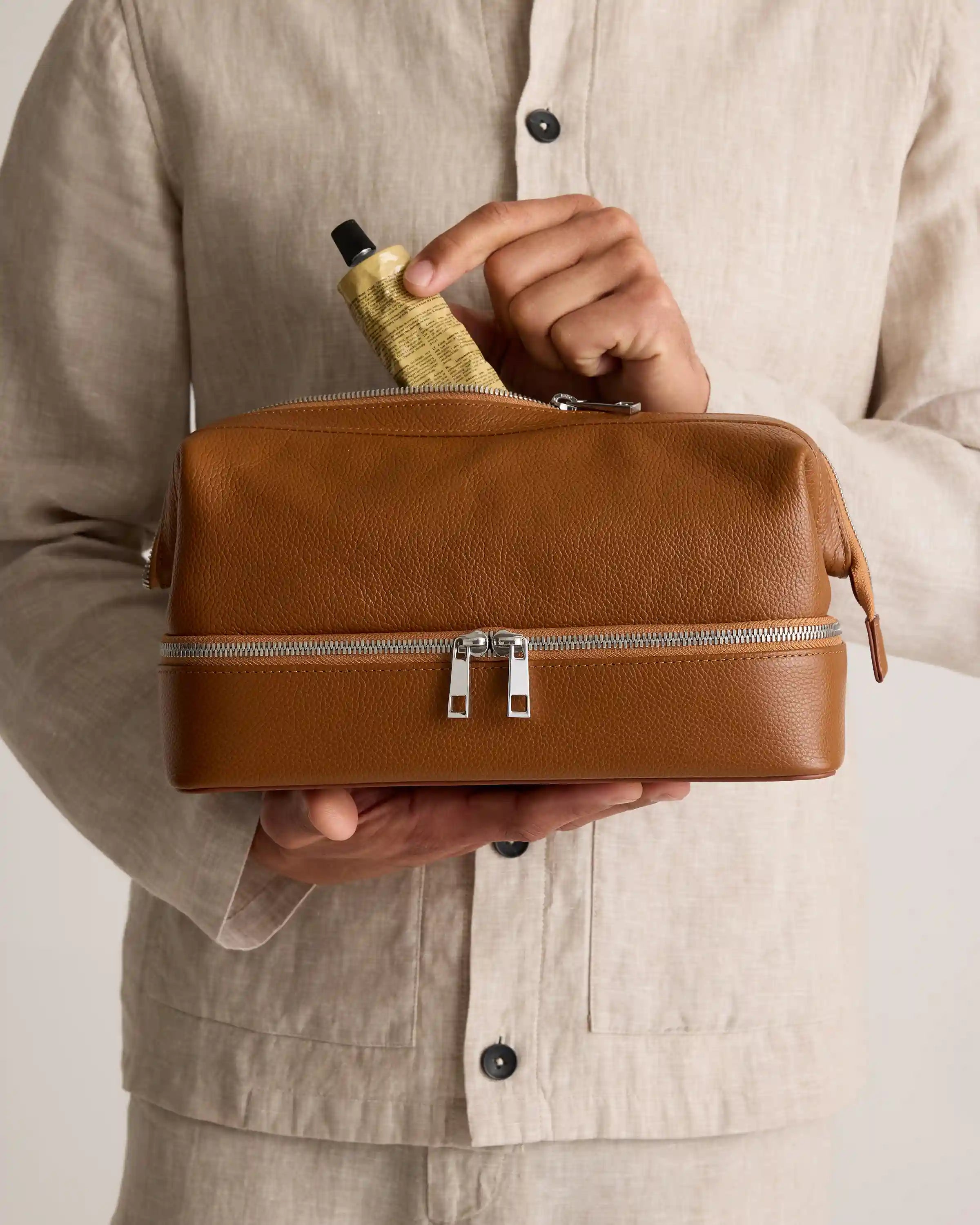 Italian Leather Dual Compartment Toiletry Bag