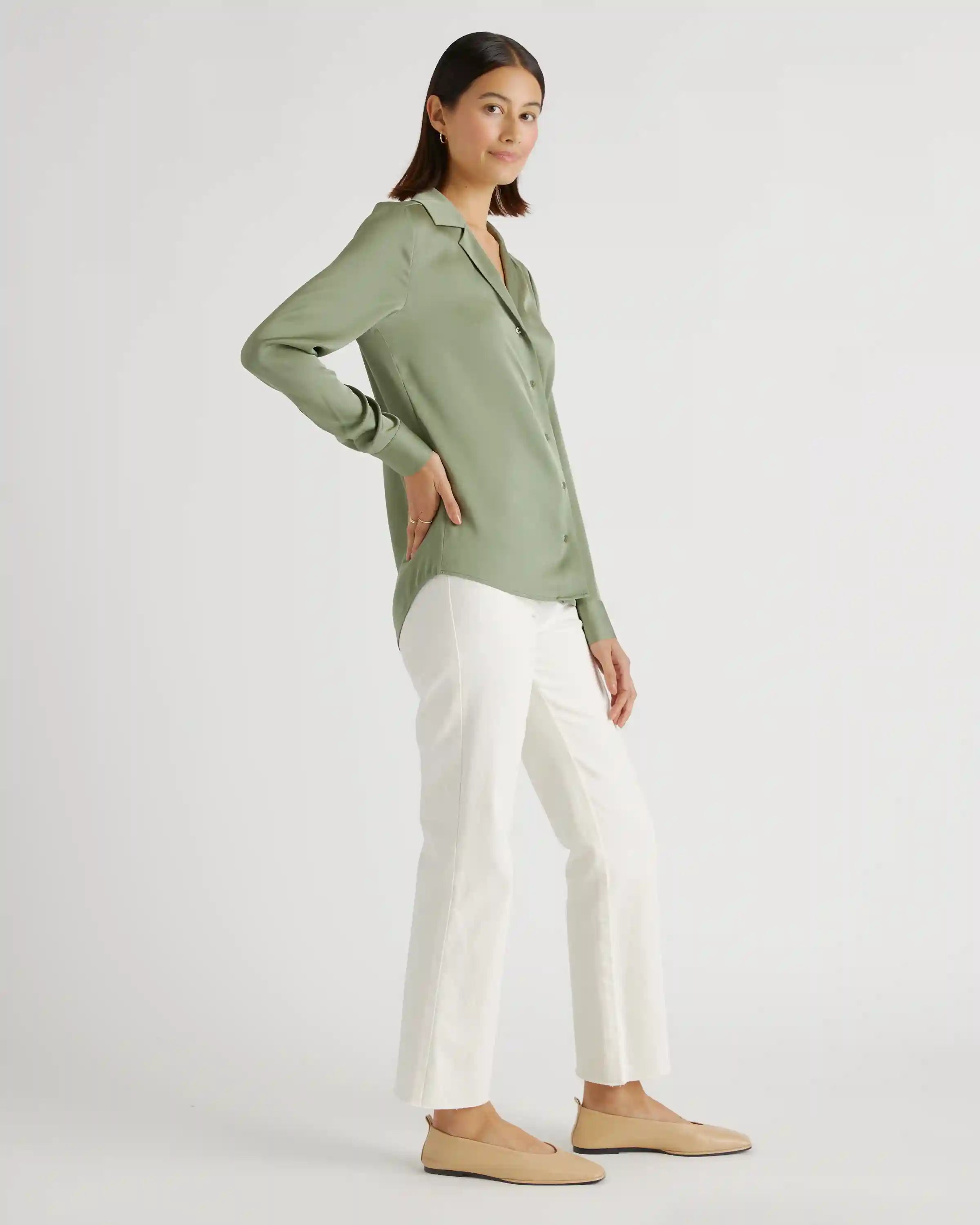 Washable Stretch Silk Notch Collar Blouse