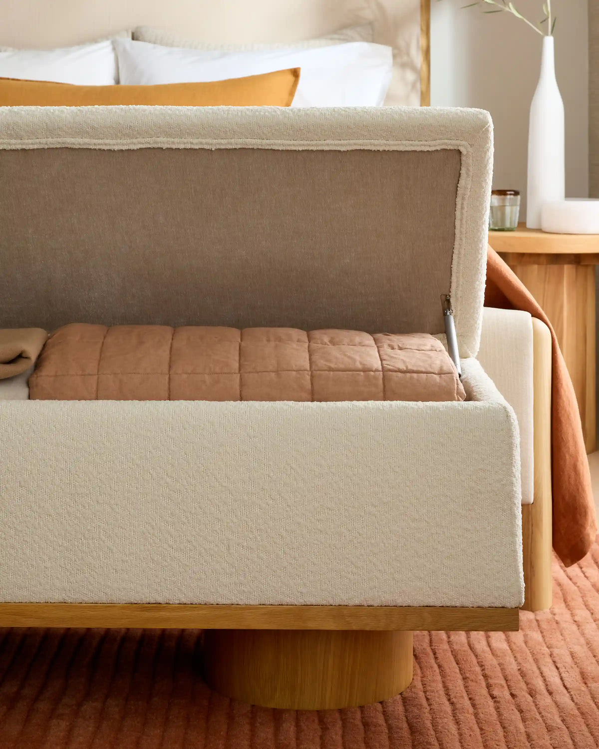 Oak and Performance Boucle Storage Bench
