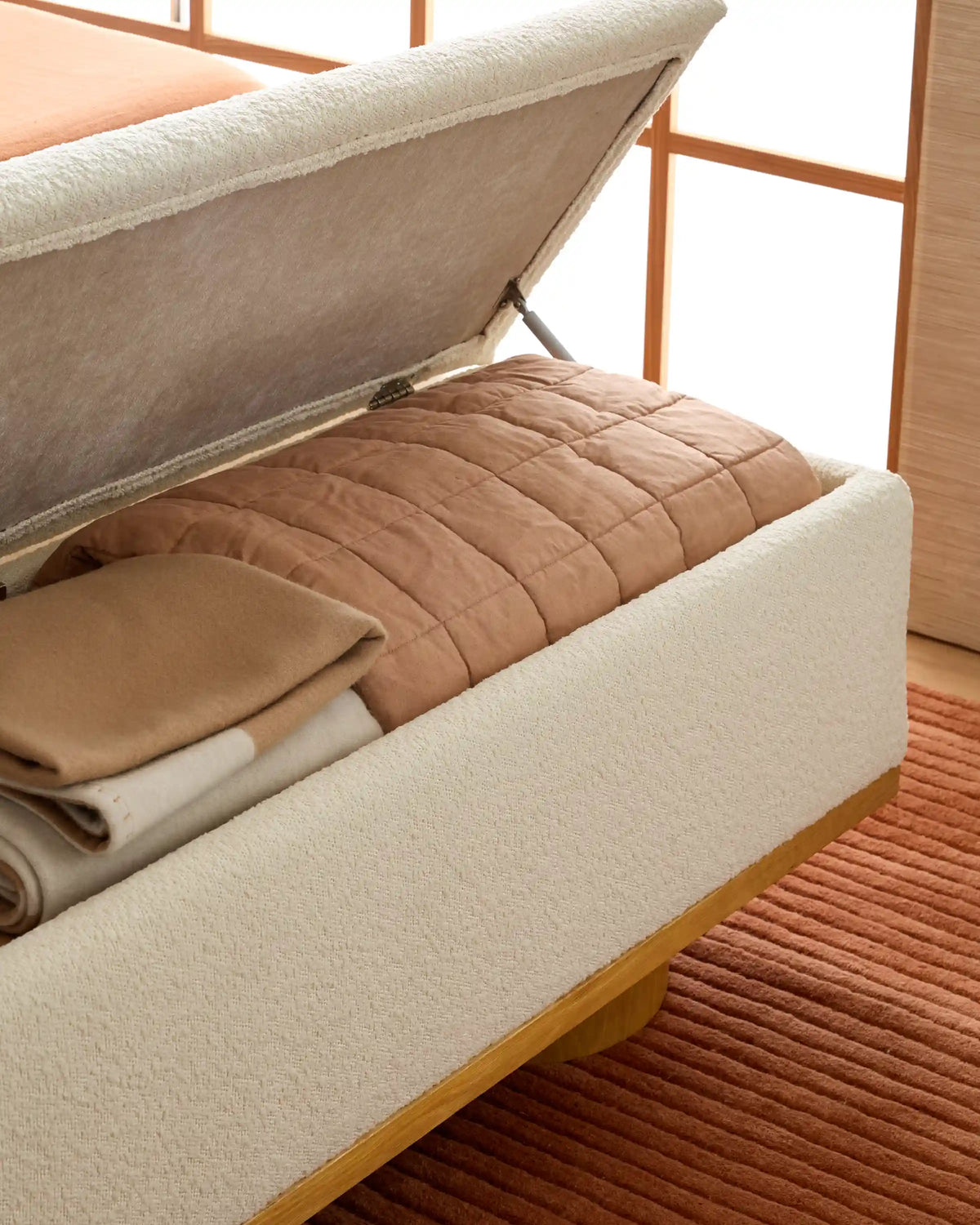 Oak and Performance Boucle Storage Bench