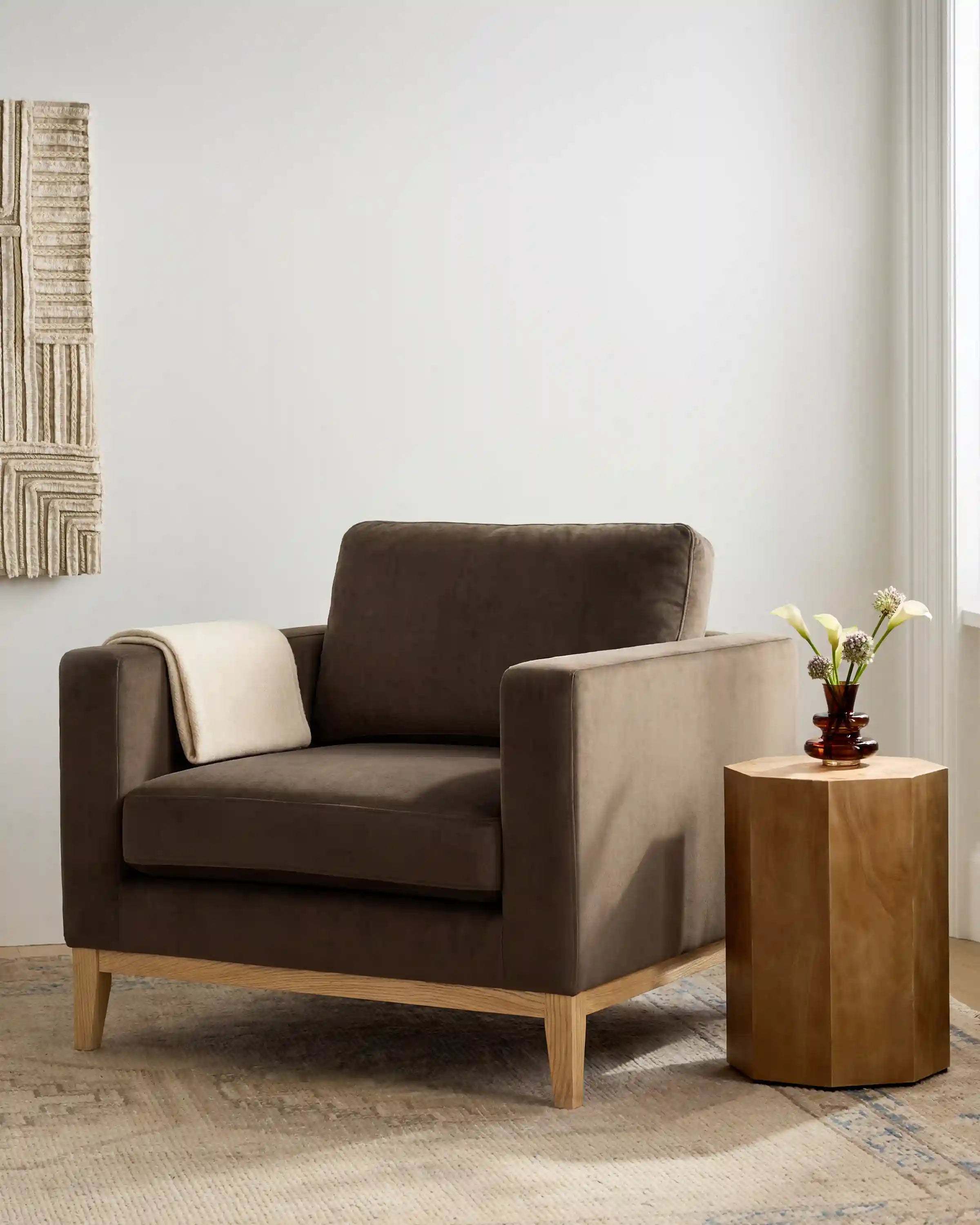 Performance Velvet Accent Chair with Solid Oak Base