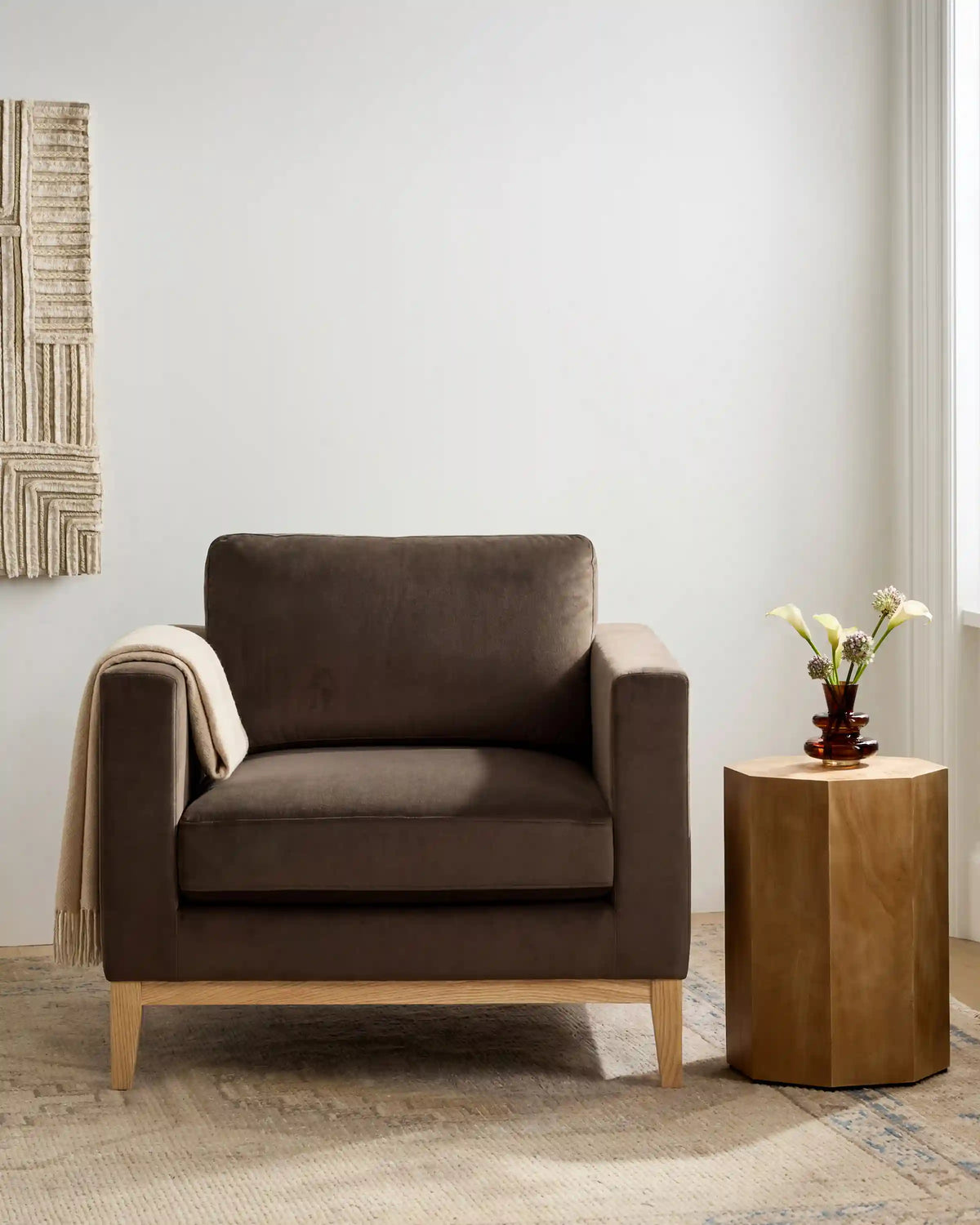 Performance Velvet Accent Chair with Solid Oak Base